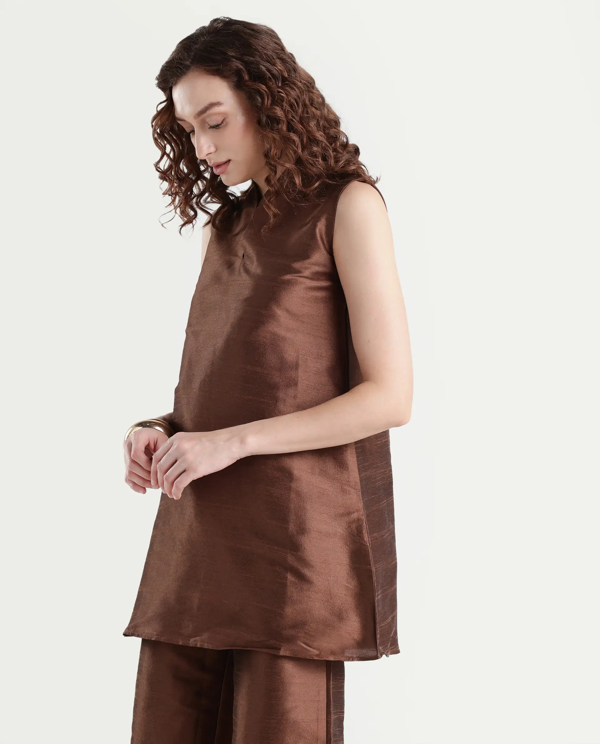 Rareism Women's Kamla Dark Brown Silk V-Neck Plain Sleeveless Knee Length Regular Fit Top - Image 5