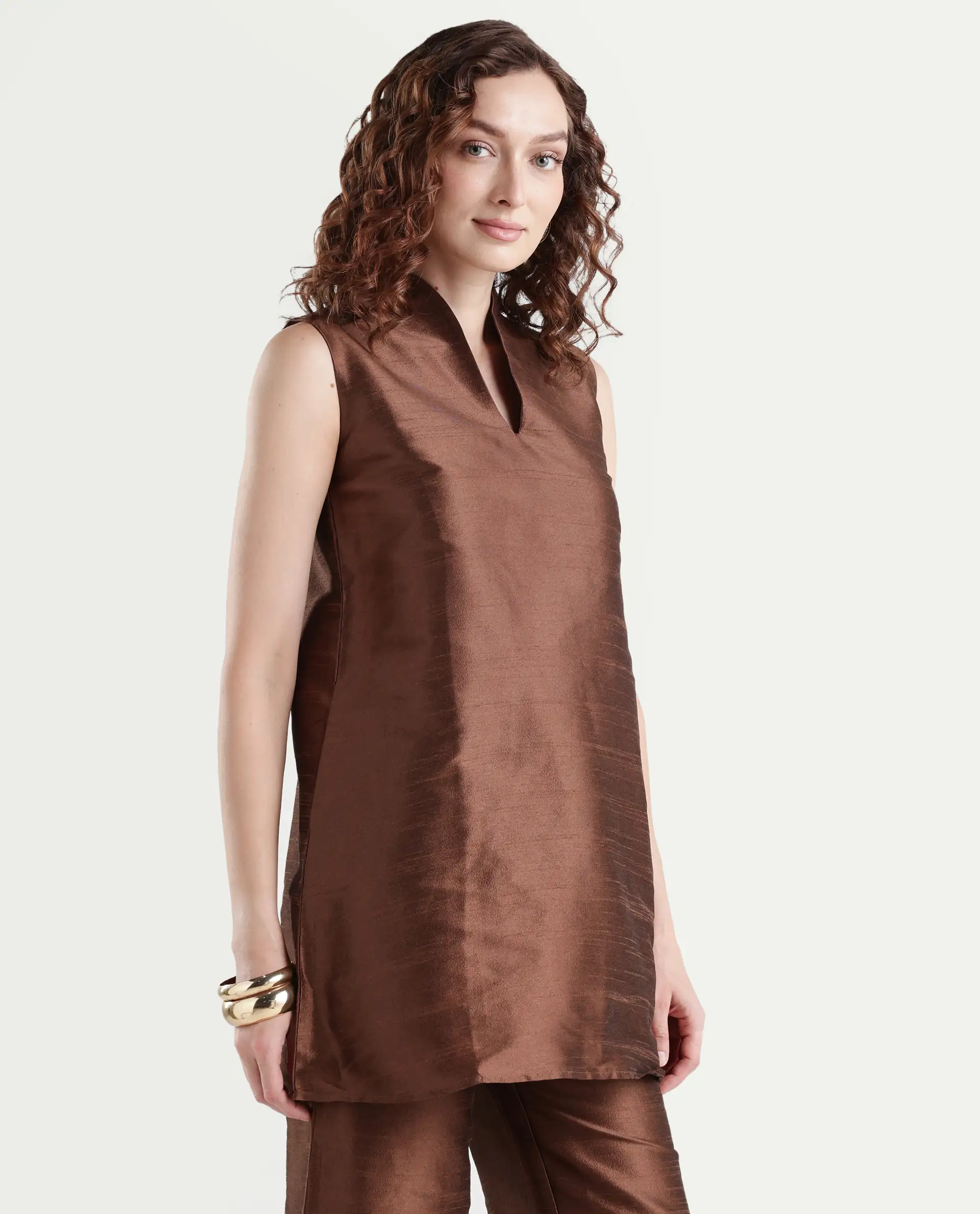 Rareism Women's Kamla Dark Brown Silk V-Neck Plain Sleeveless Knee Length Regular Fit Top - Image 6