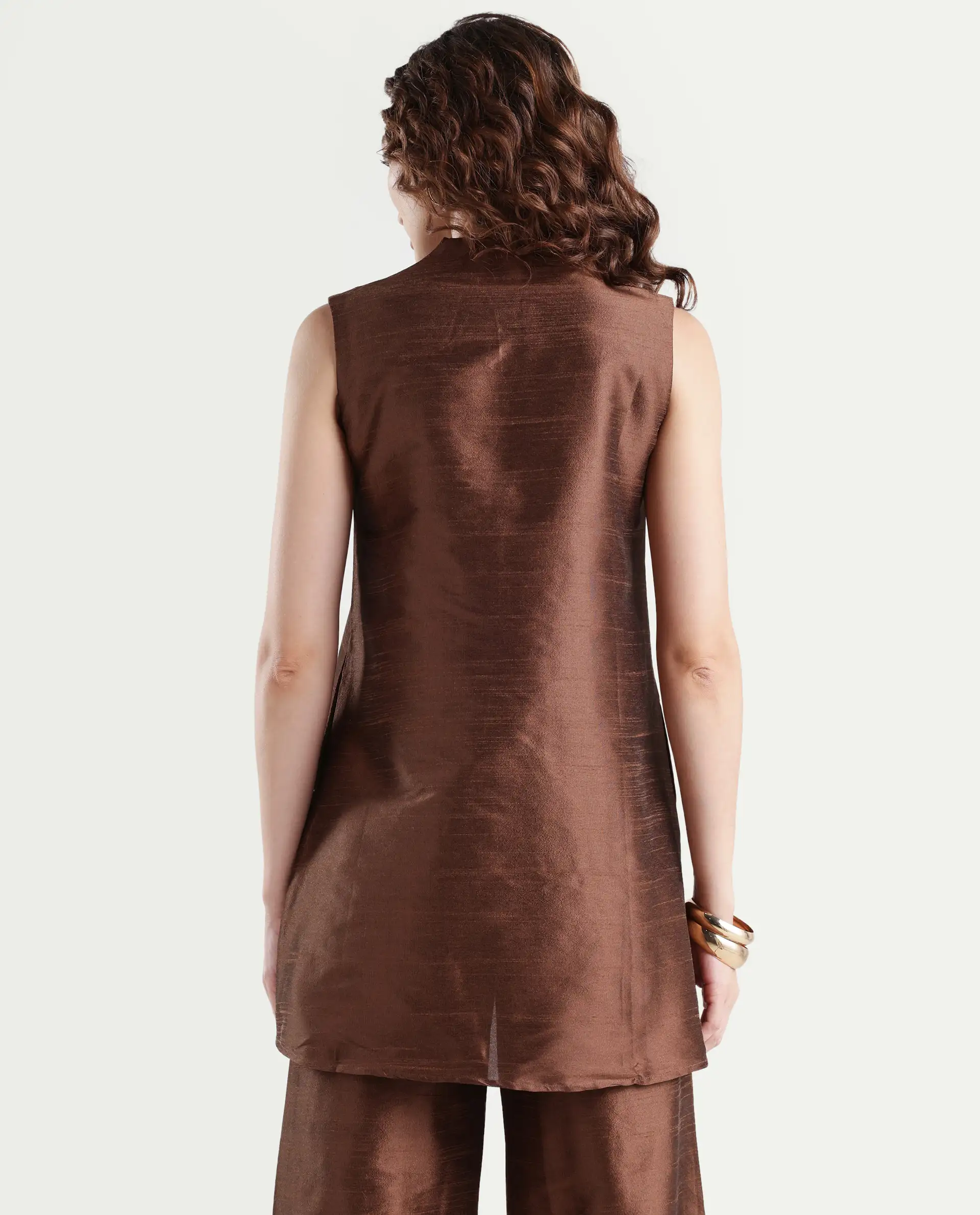 Rareism Women's Kamla Dark Brown Silk V-Neck Plain Sleeveless Knee Length Regular Fit Top - Image 7