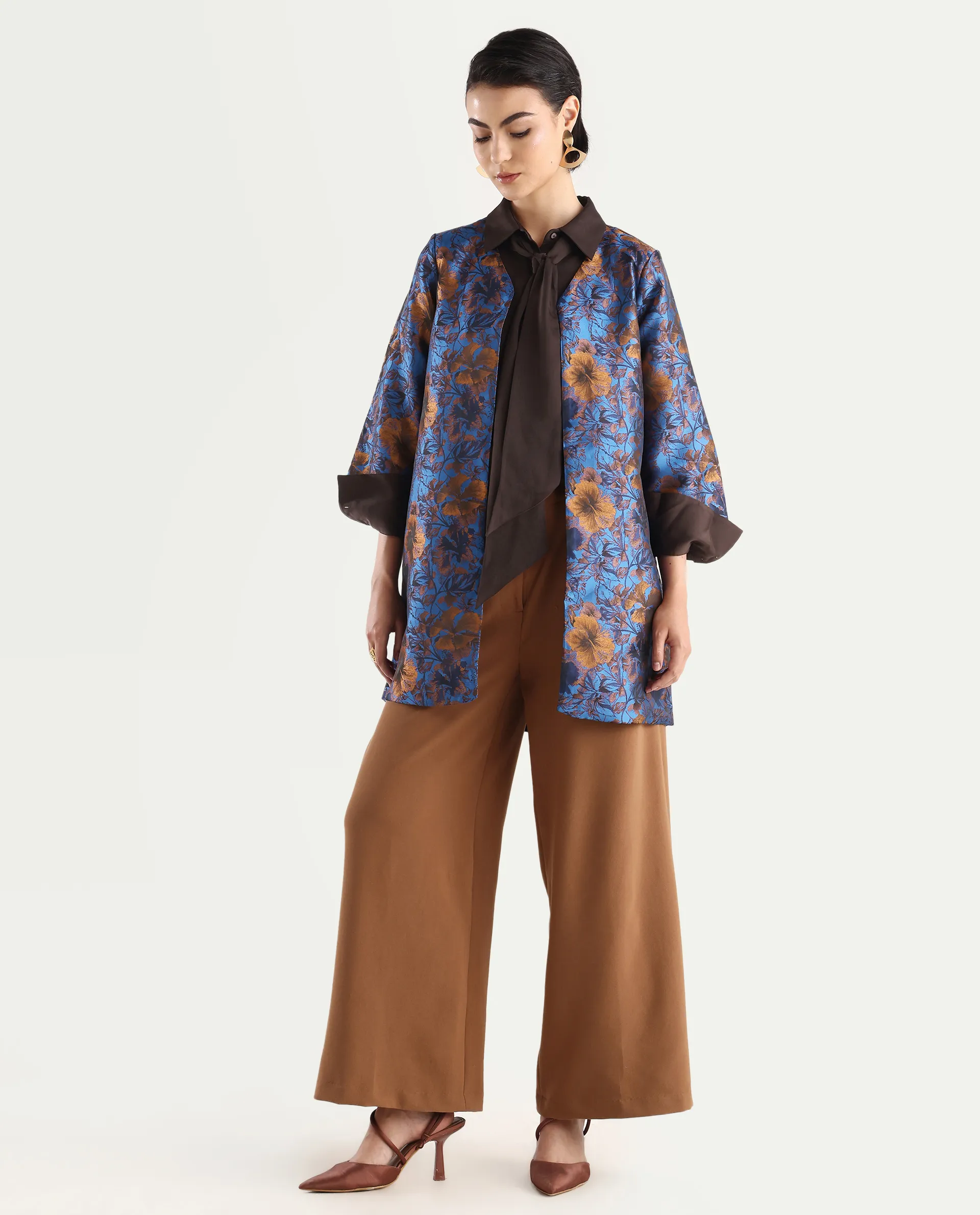 Rareism Women's Kamlay Multi Polyester Blend Collarless Jacquard Knee Length Regular Fit Jacket - Image 2
