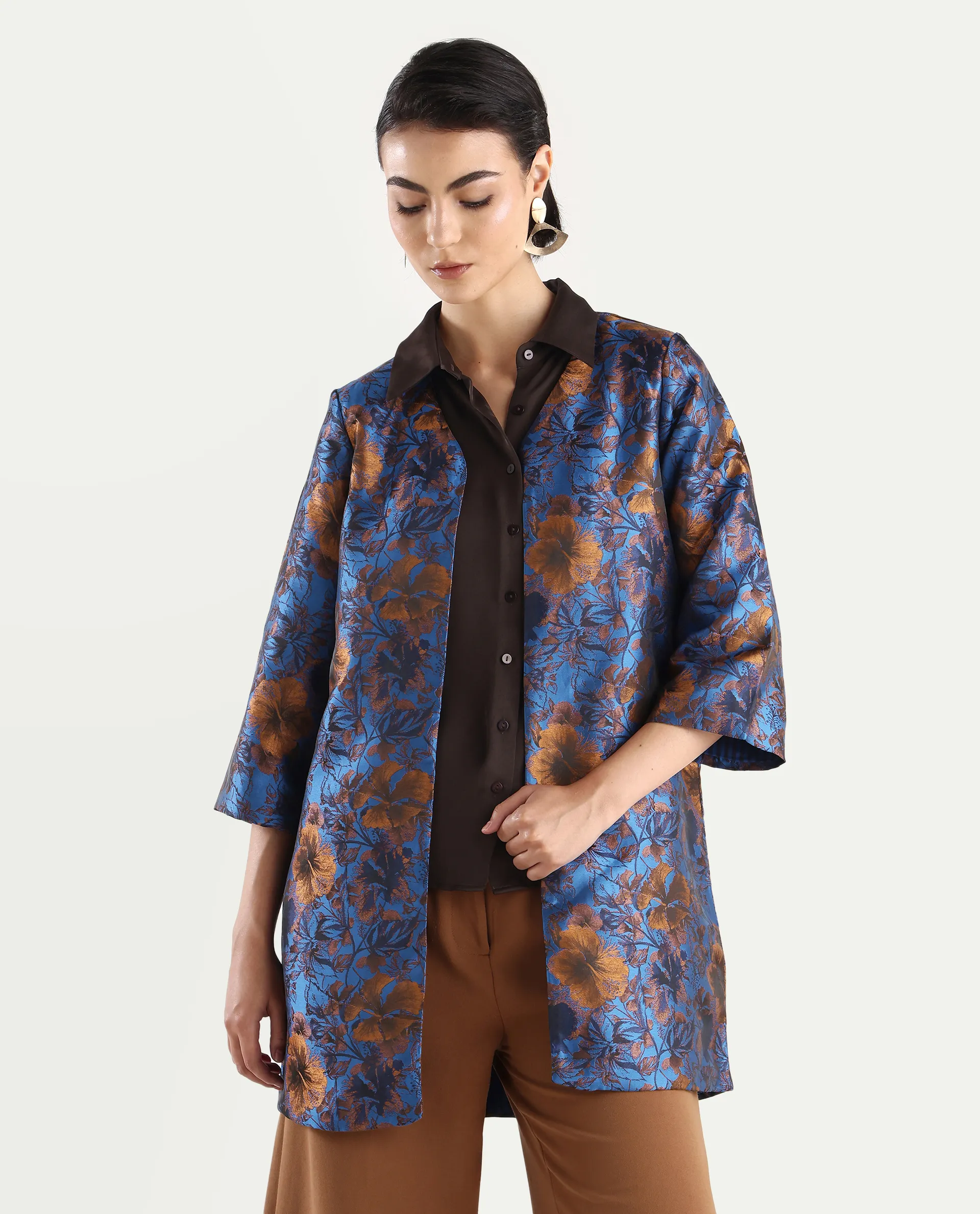 Rareism Women's Kamlay Multi Polyester Blend Collarless Jacquard Knee Length Regular Fit Jacket - Image 3