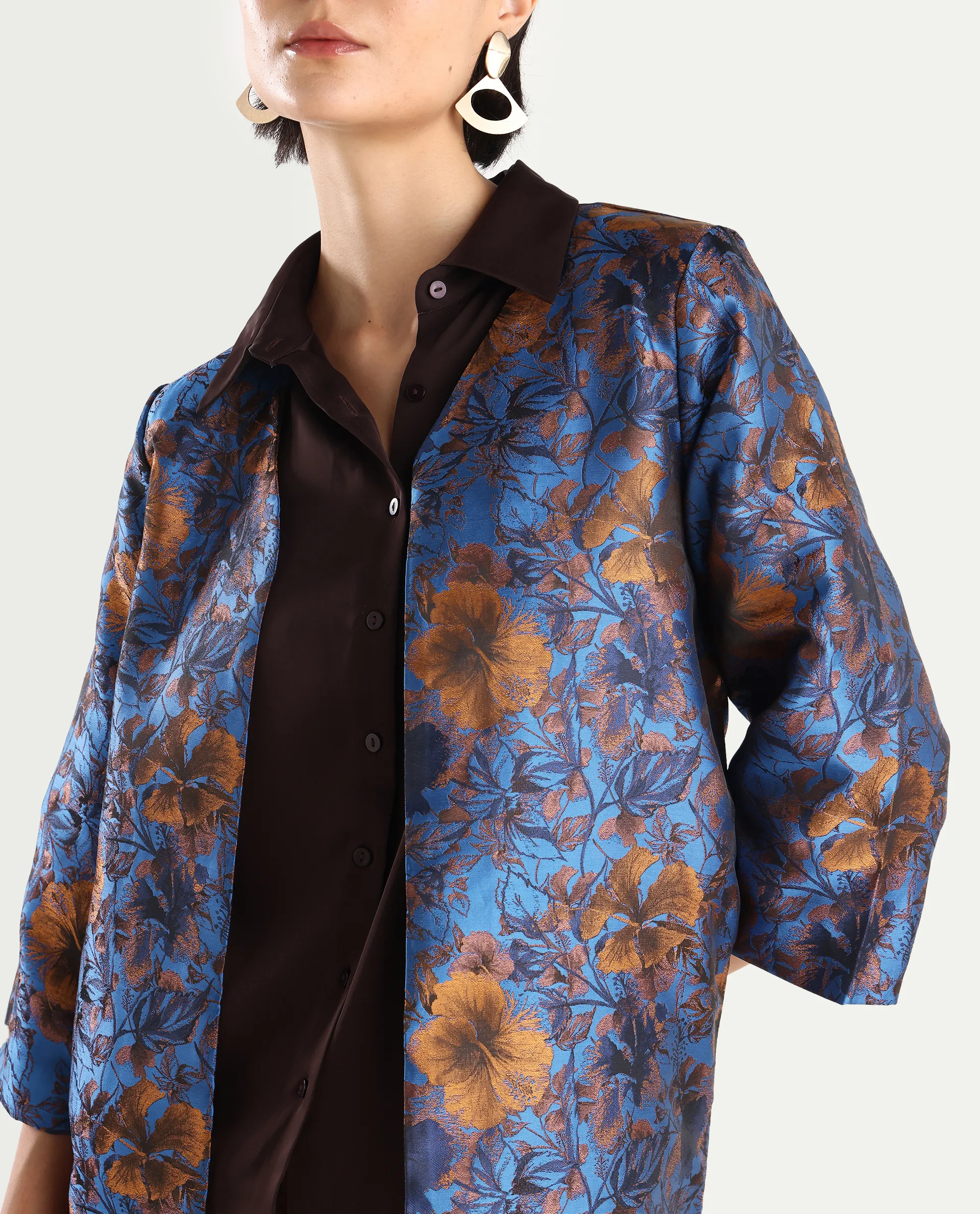 Rareism Women's Kamlay Multi Polyester Blend Collarless Jacquard Knee Length Regular Fit Jacket - Image 4