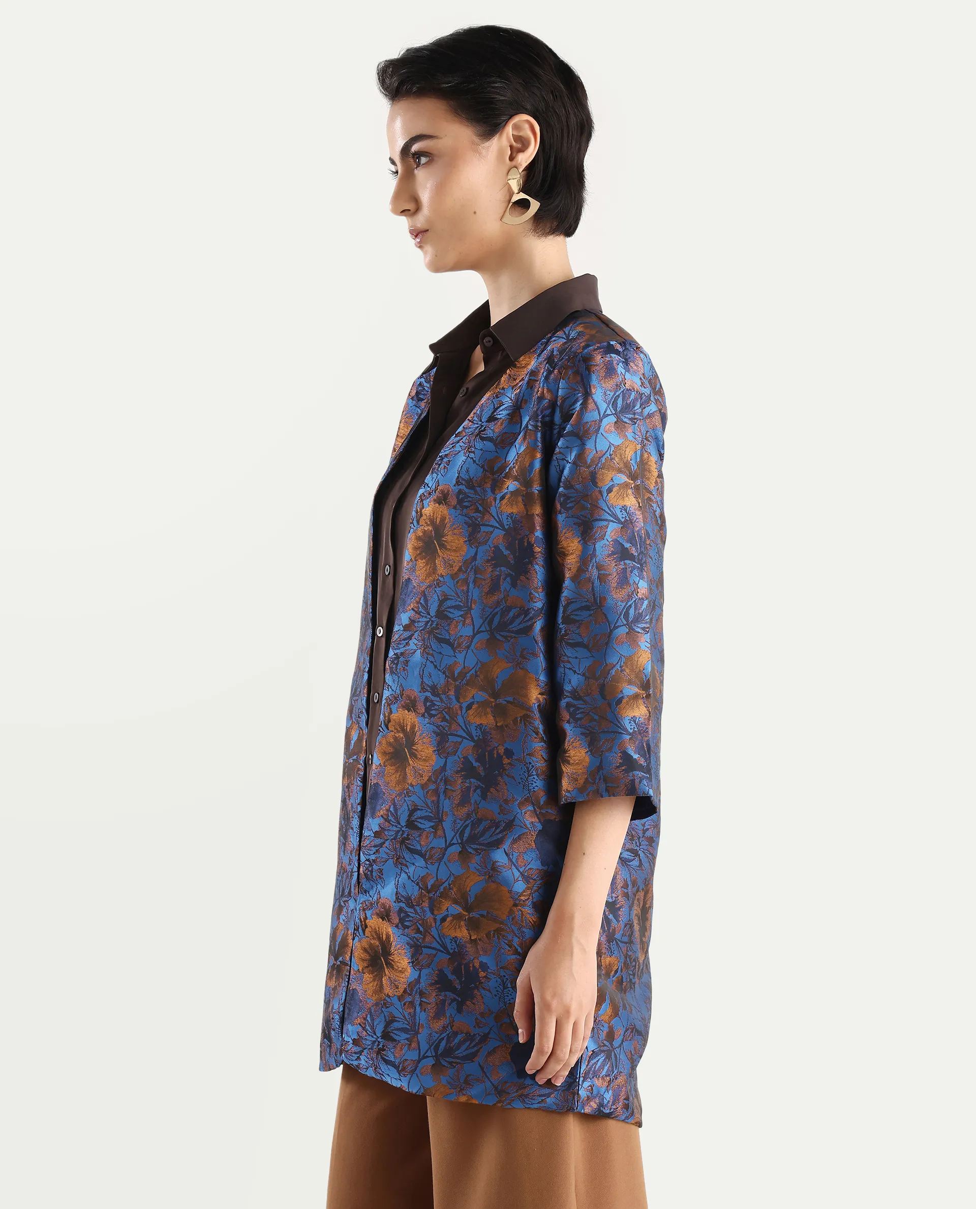 Rareism Women's Kamlay Multi Polyester Blend Collarless Jacquard Knee Length Regular Fit Jacket - Image 5