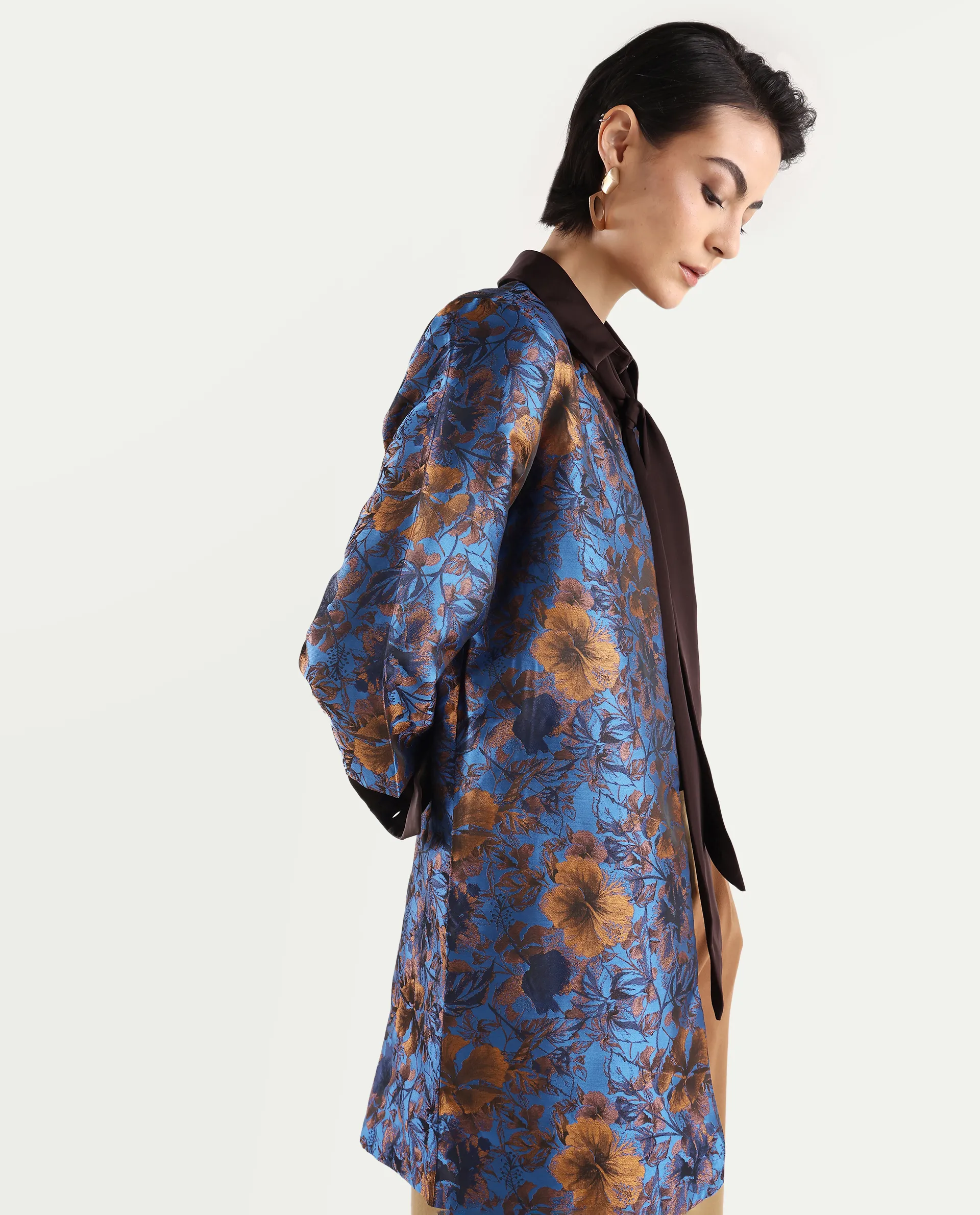 Rareism Women's Kamlay Multi Polyester Blend Collarless Jacquard Knee Length Regular Fit Jacket - Image 6