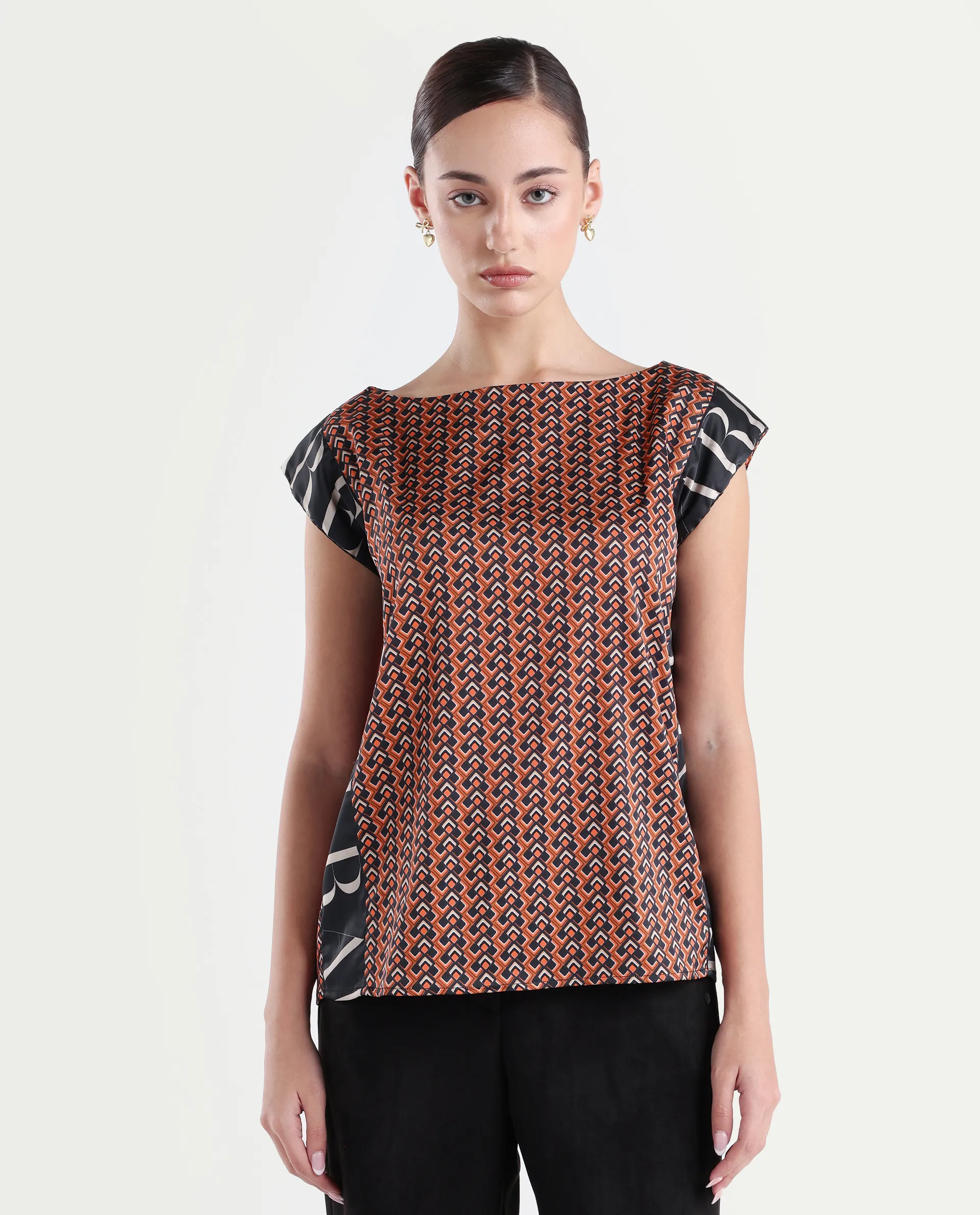 Rareism Women's Kanad Orange Polyester Boat Neck Geometric Print Extended Sleeves Relaxed Fit Top - Image 3