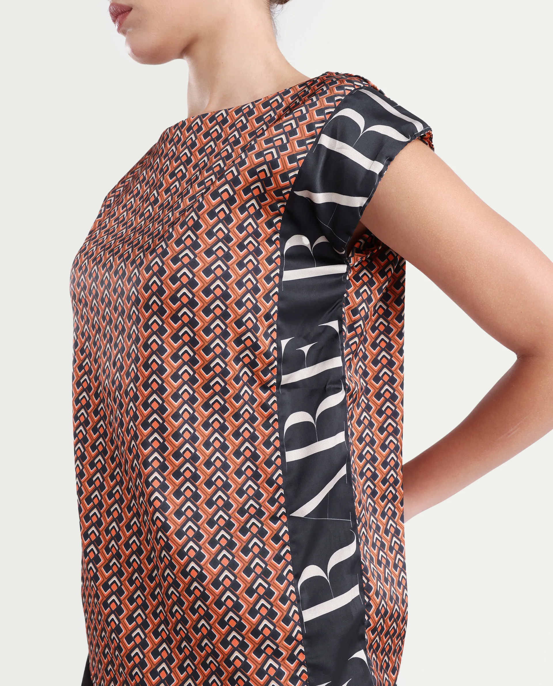 Rareism Women's Kanad Orange Polyester Boat Neck Geometric Print Extended Sleeves Relaxed Fit Top - Image 4