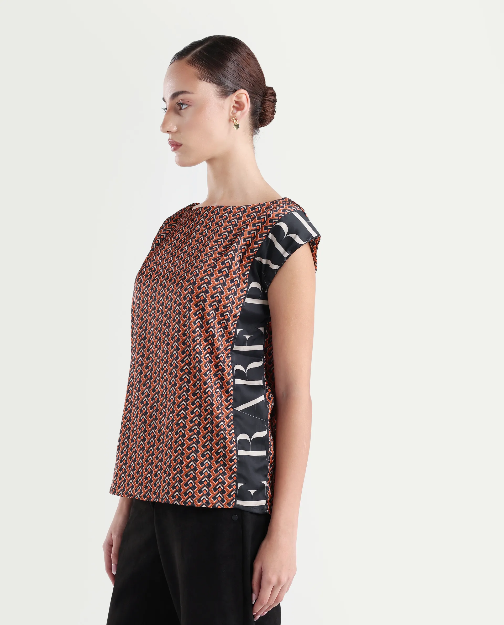 Rareism Women's Kanad Orange Polyester Boat Neck Geometric Print Extended Sleeves Relaxed Fit Top - Image 5