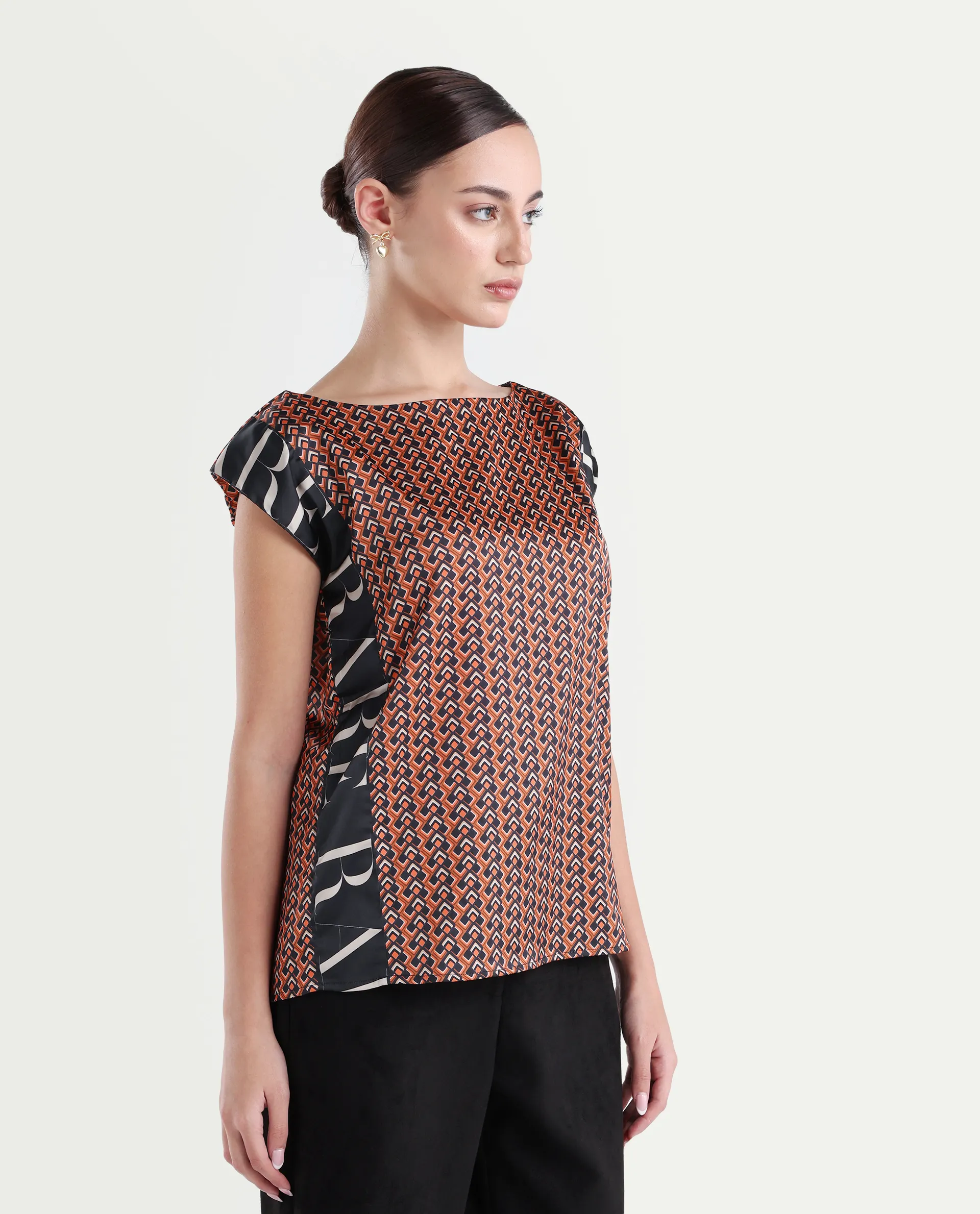Rareism Women's Kanad Orange Polyester Boat Neck Geometric Print Extended Sleeves Relaxed Fit Top - Image 6