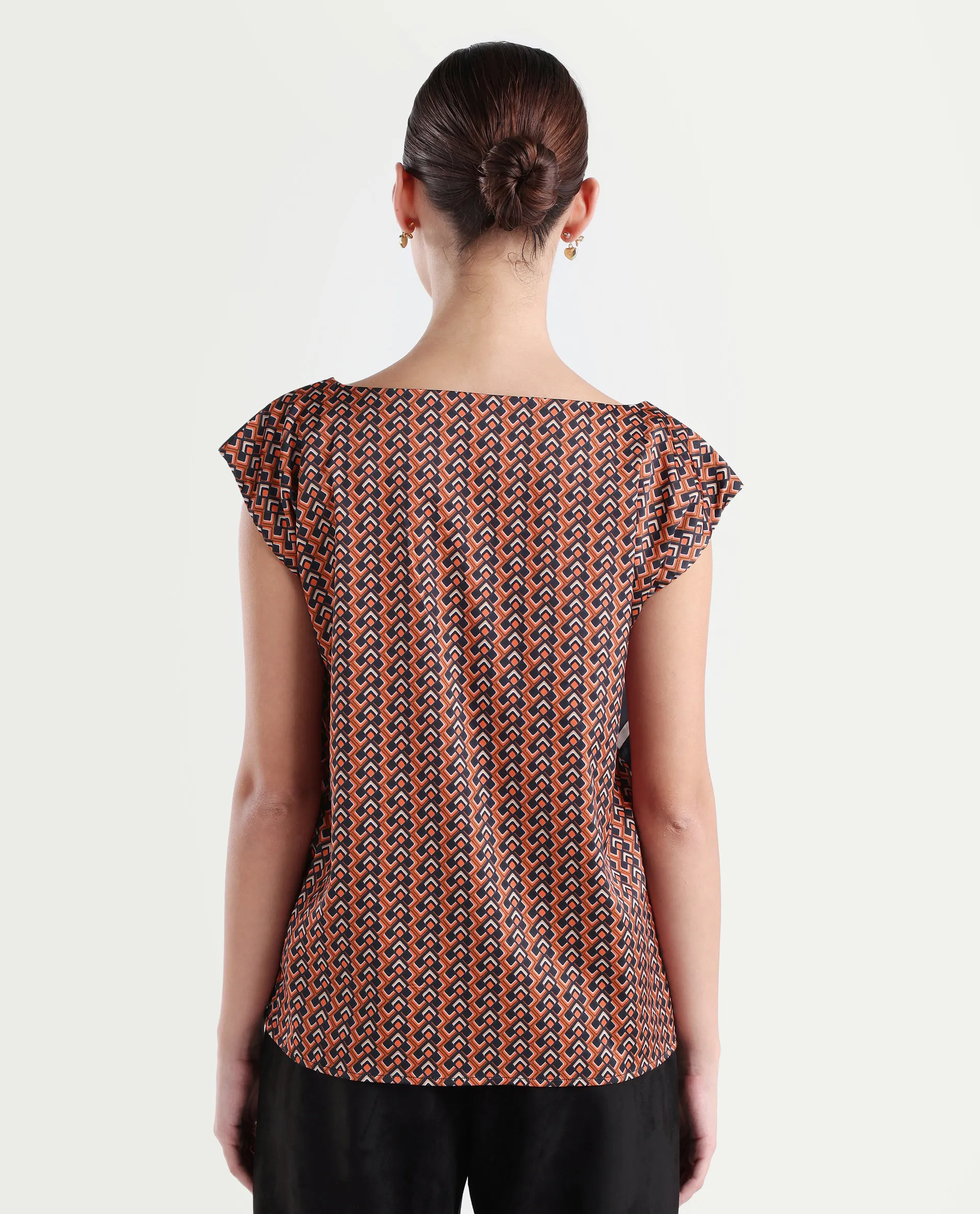 Rareism Women's Kanad Orange Polyester Boat Neck Geometric Print Extended Sleeves Relaxed Fit Top - Image 7