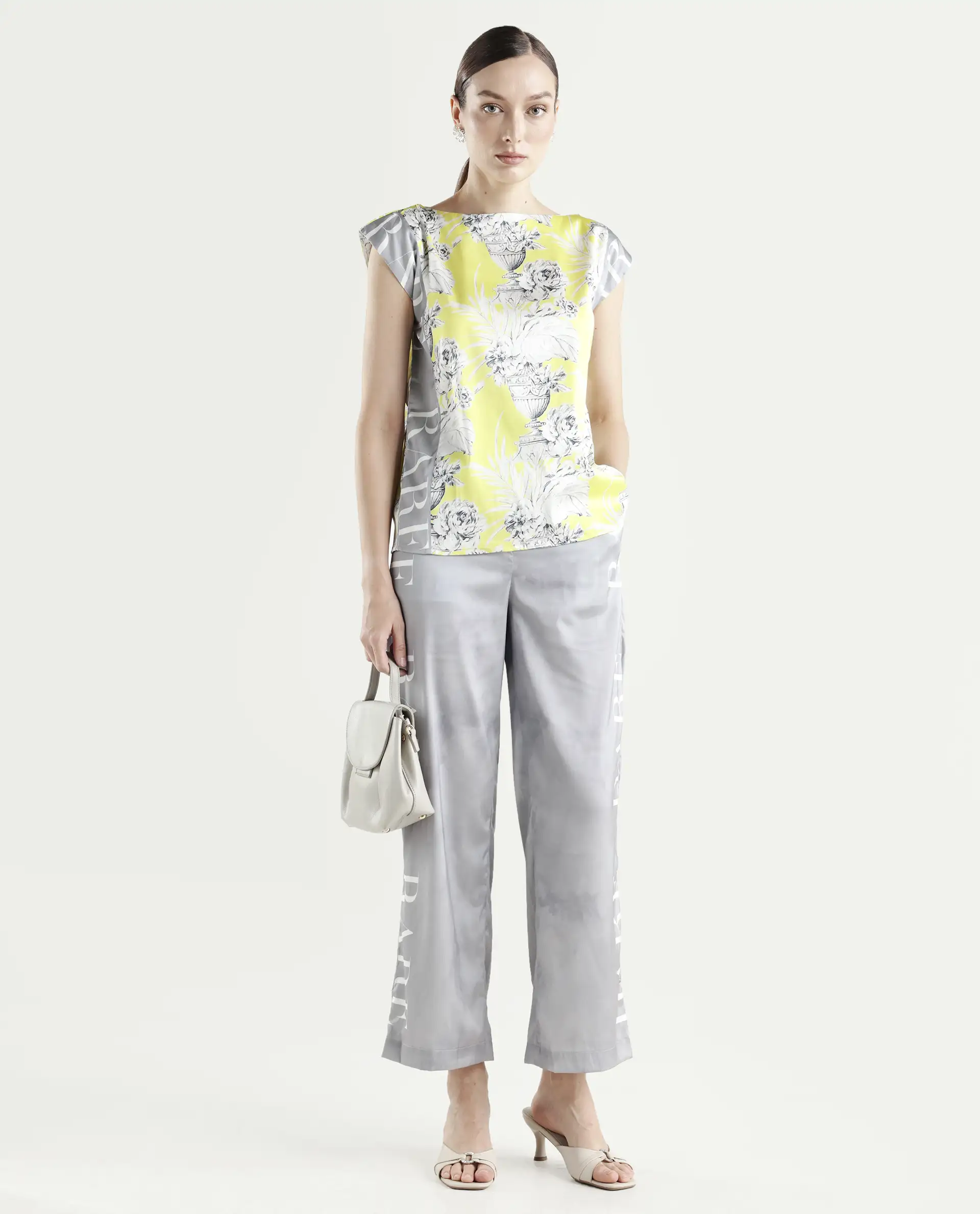 Rareism Women's Kanadio-B Light Grey Polyester Floral Print Ankle Length Straight Fit Trouser