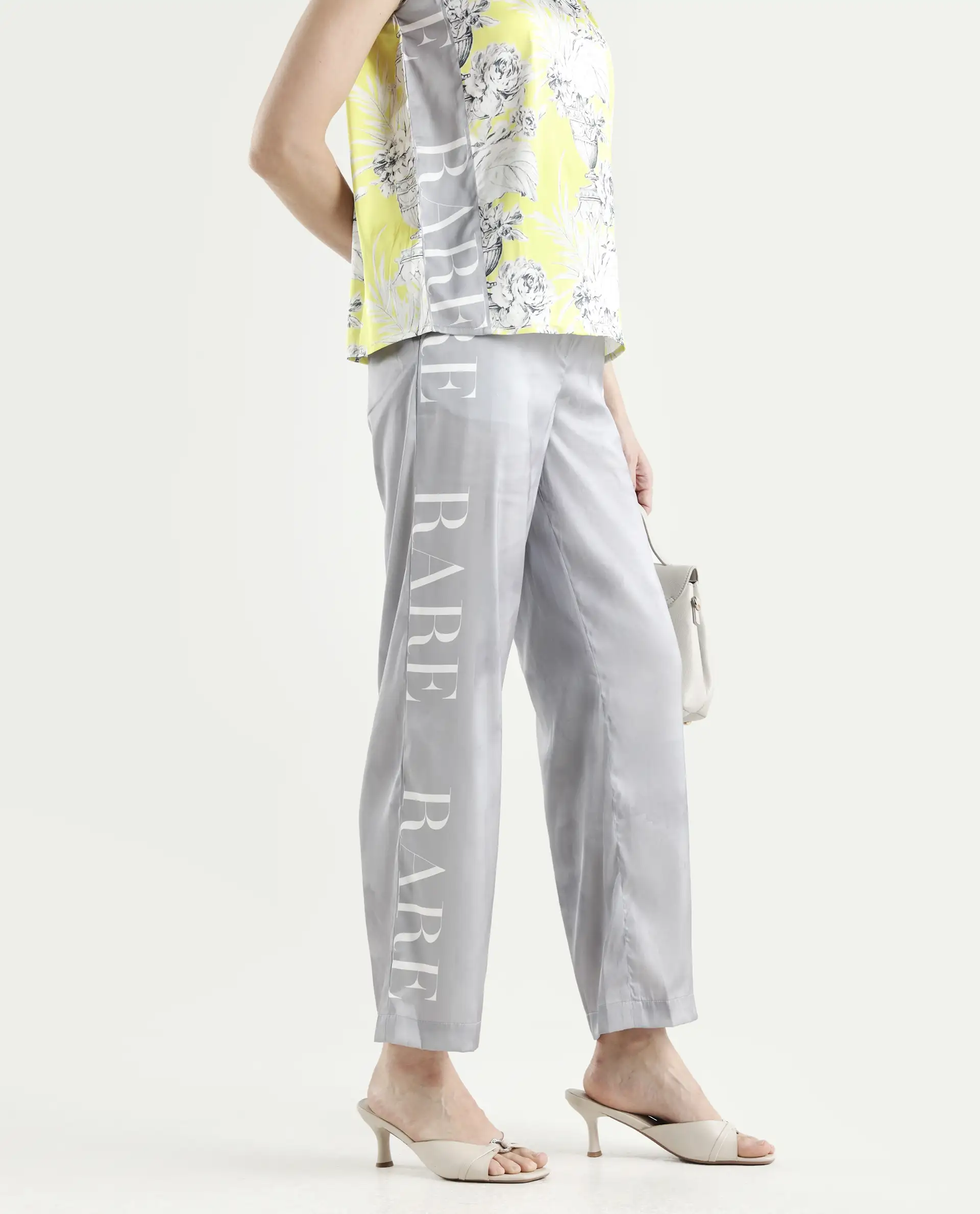 Rareism Women's Kanadio-B Light Grey Polyester Floral Print Ankle Length Straight Fit Trouser - Image 2