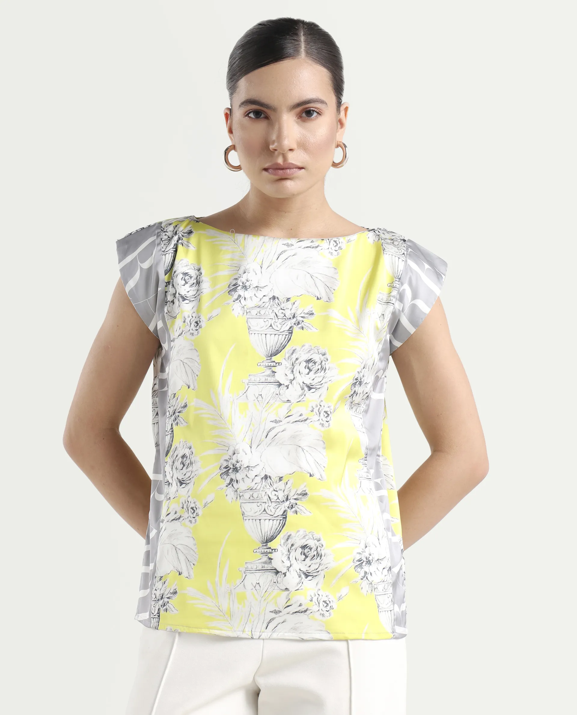 Rareism Women's Kanadio-T Yellow Polyester Boat Neck Floral Print Extended Sleeves Regular Fit Top - Image 3