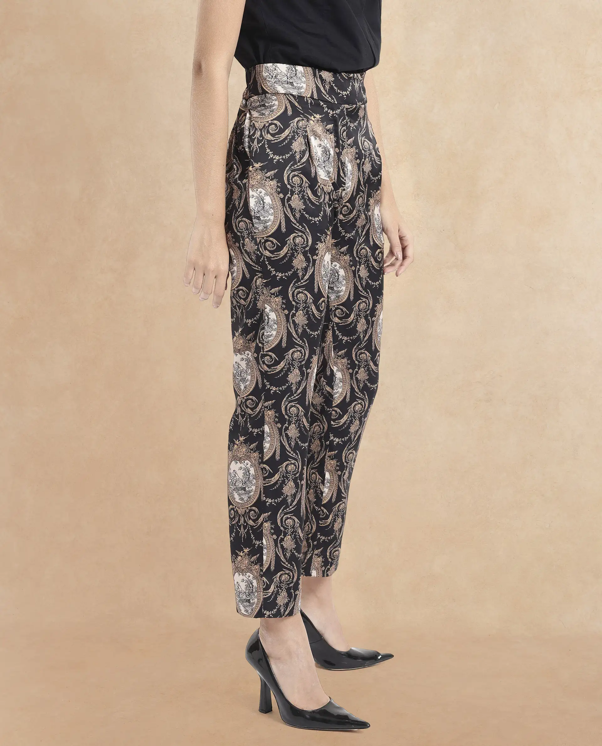Rareism Women's Kanama-B Black Polyester Ornamental Print Ankle Length Straight Fit Trouser - Image 4