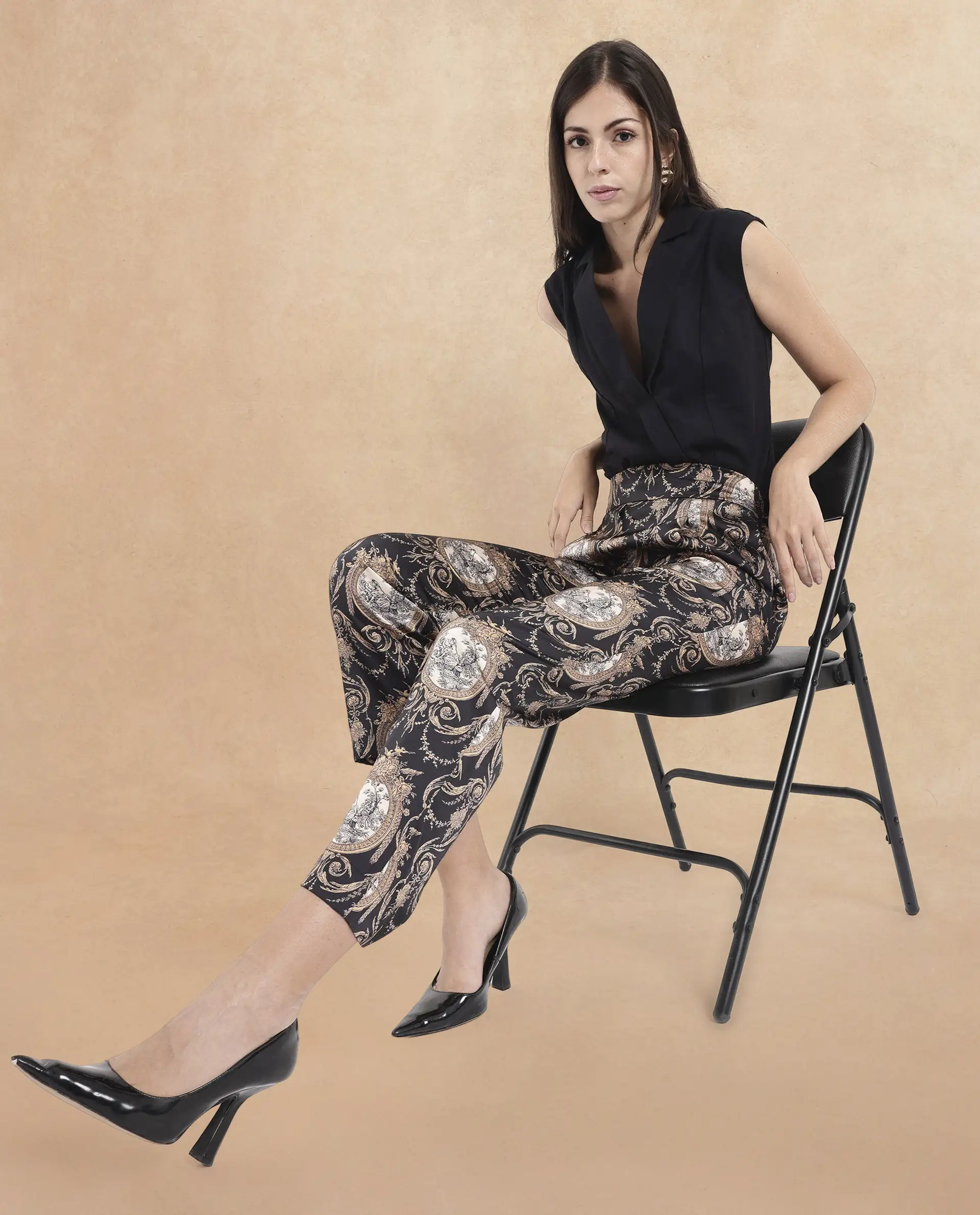 Rareism Women's Kanama-B Black Polyester Ornamental Print Ankle Length Straight Fit Trouser - Image 5