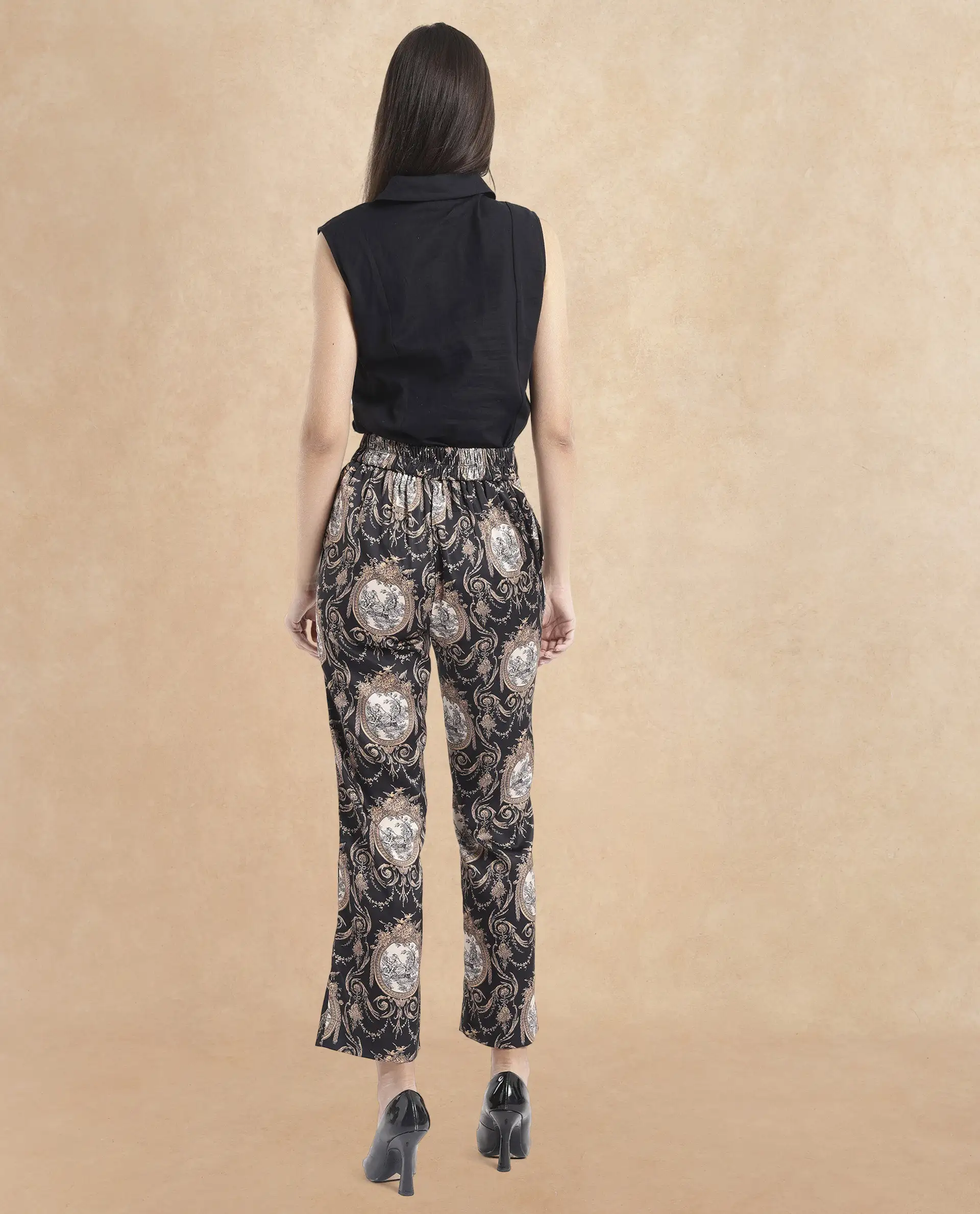 Rareism Women's Kanama-B Black Polyester Ornamental Print Ankle Length Straight Fit Trouser - Image 6