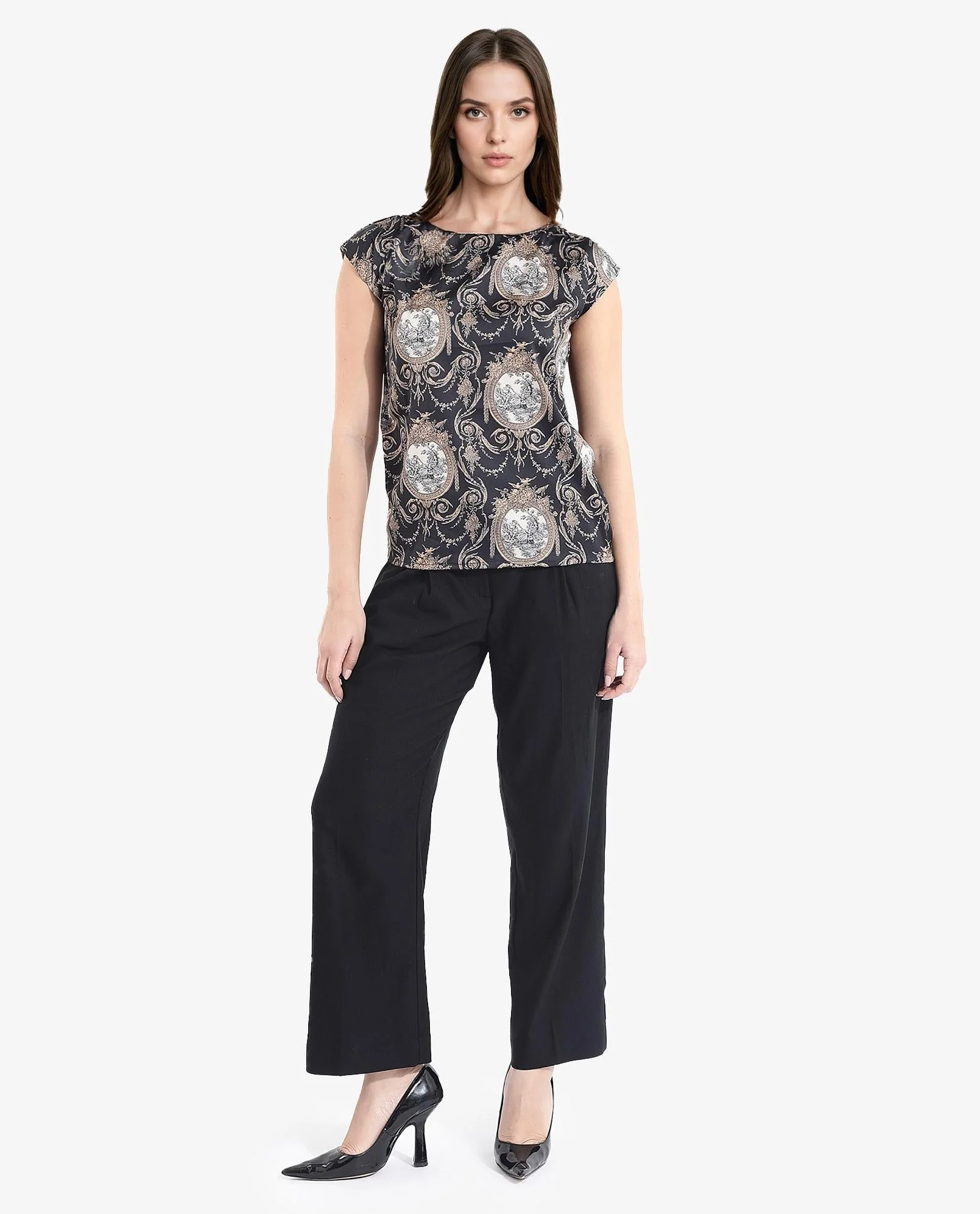 Rareism Women's Kanama T-Black Polyester Boat Neck Ornamental Print Extended Sleeves Regular Fit Top - Image 2