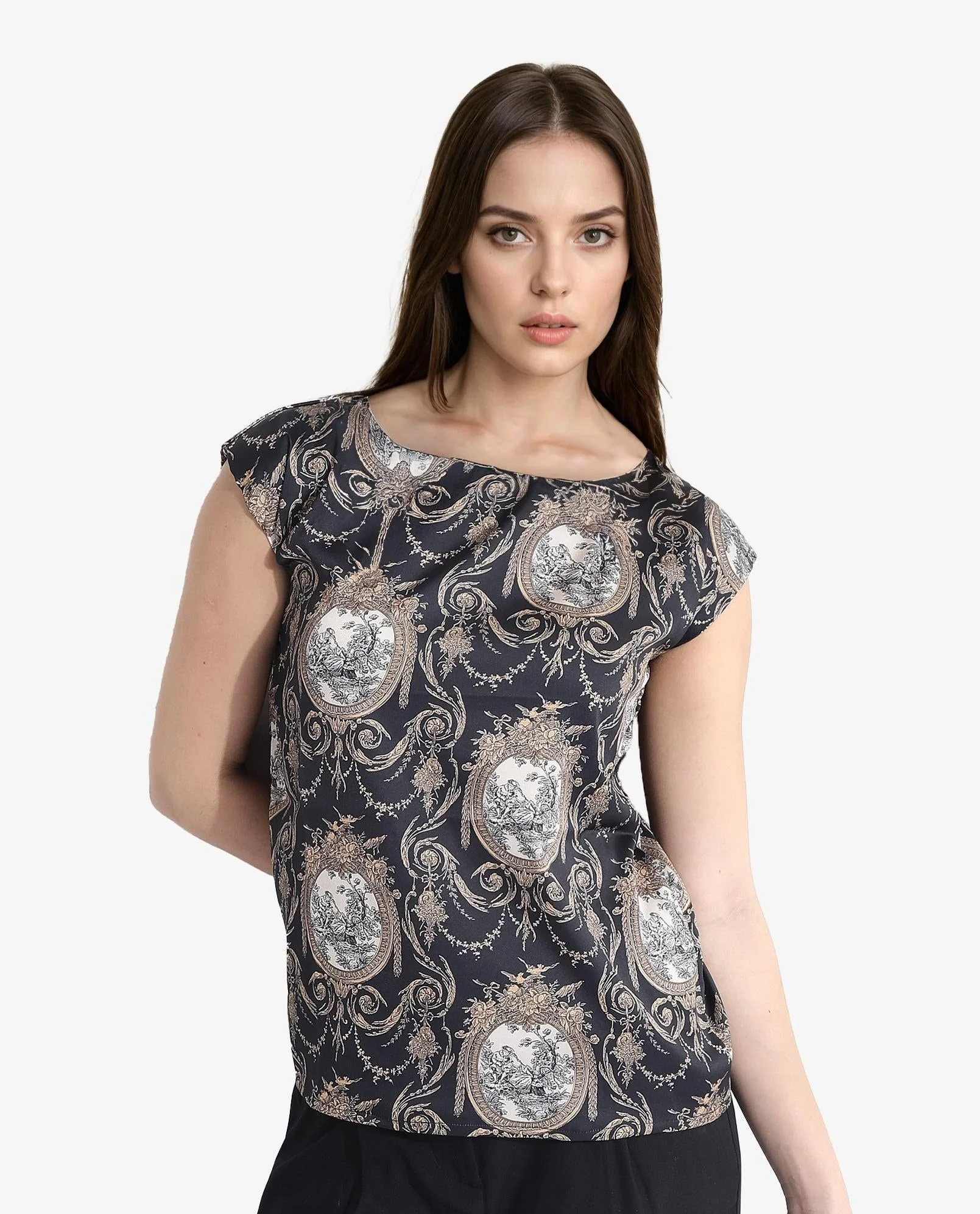 Rareism Women's Kanama T-Black Polyester Boat Neck Ornamental Print Extended Sleeves Regular Fit Top - Image 4