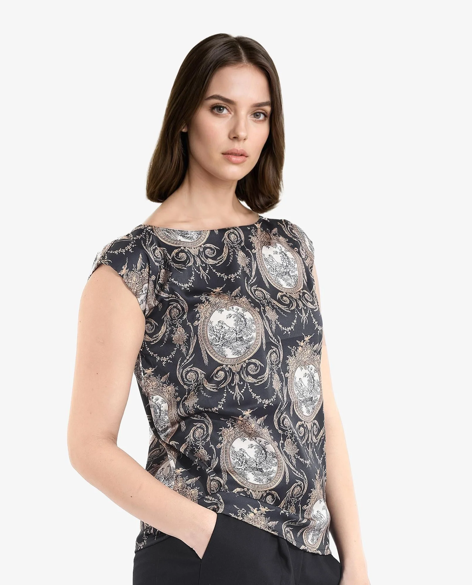 Rareism Women's Kanama T-Black Polyester Boat Neck Ornamental Print Extended Sleeves Regular Fit Top - Image 5