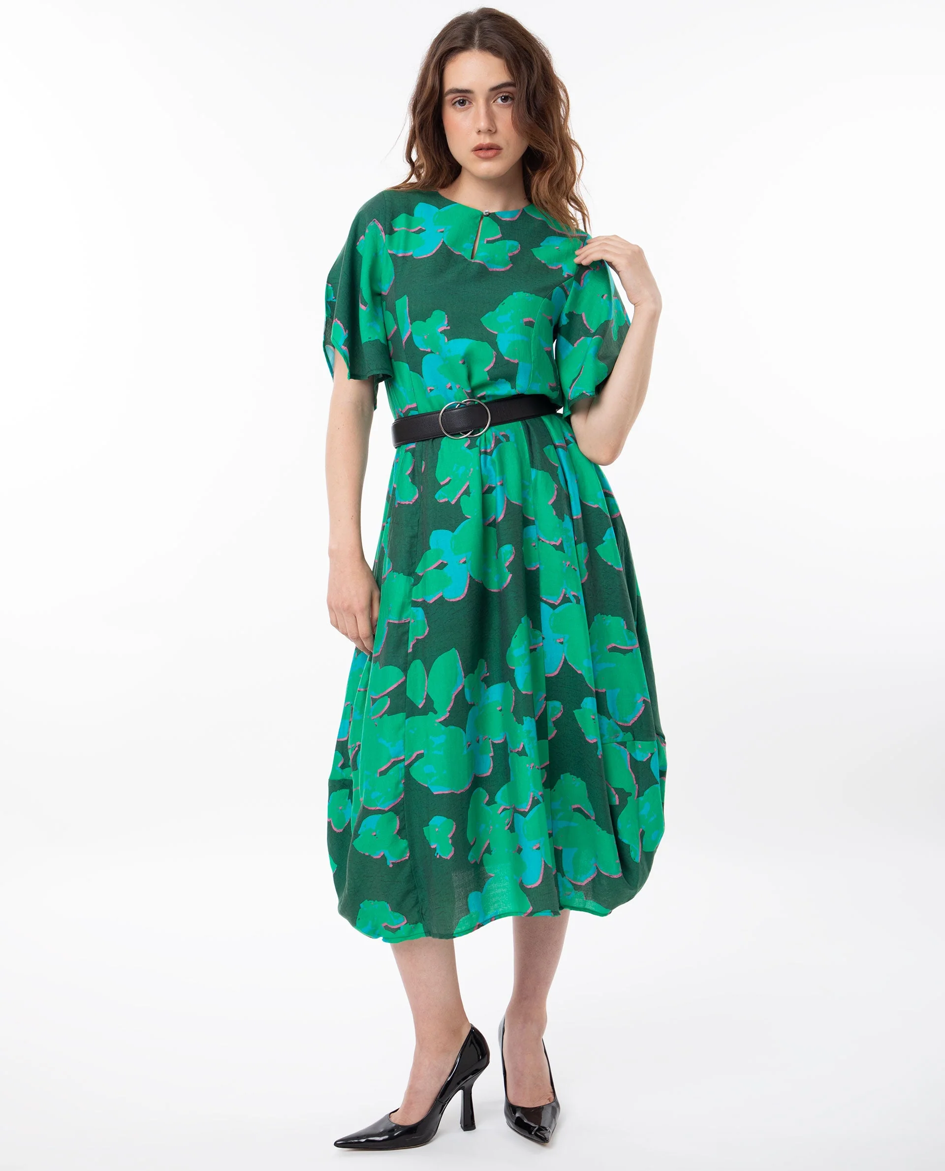 Rareism Women's Kanda Green Polyester Blend Crew Neck Abstract Print Bell Sleeve Midi Regular Fit Dress