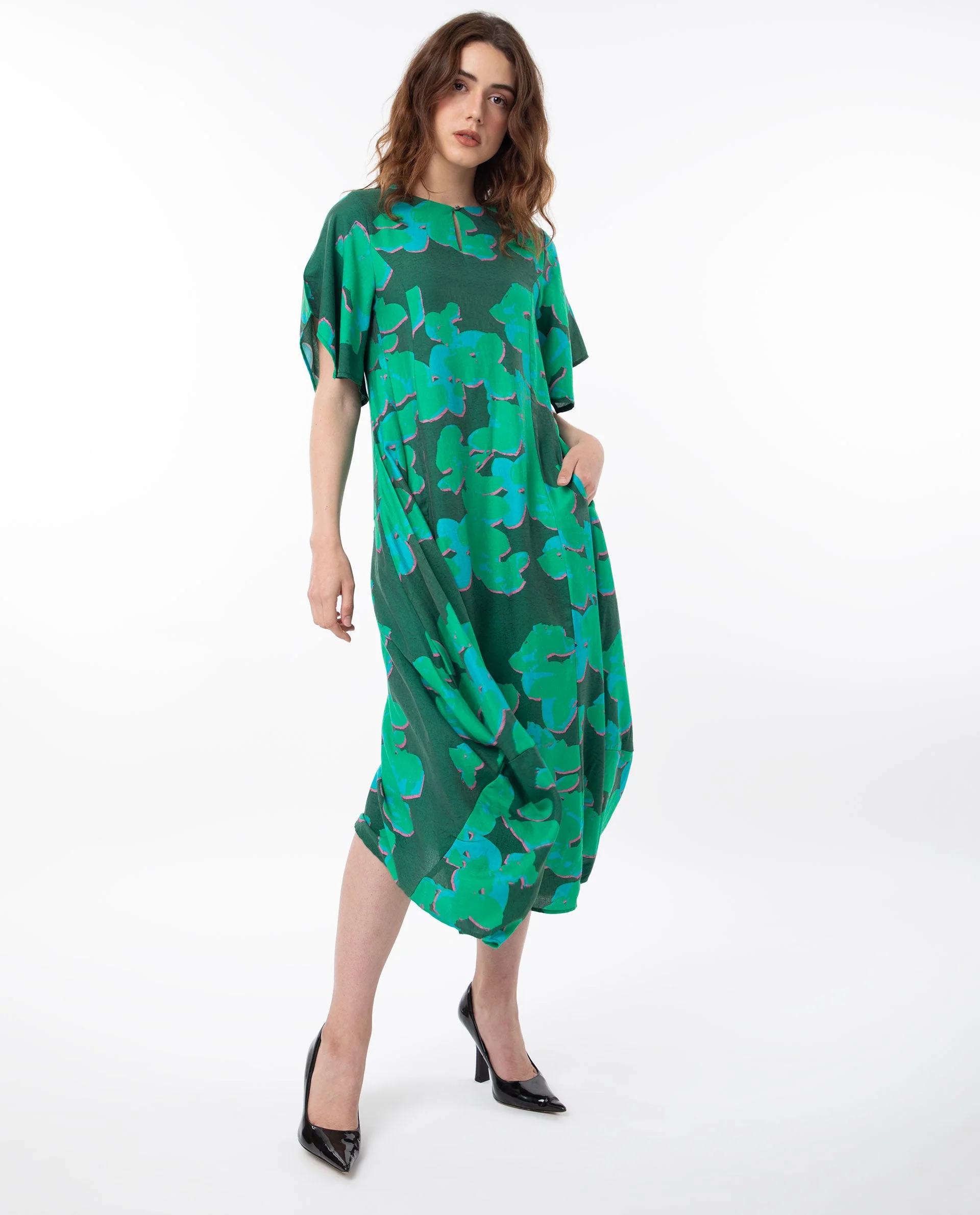 Rareism Women's Kanda Green Polyester Blend Crew Neck Abstract Print Bell Sleeve Midi Regular Fit Dress - Image 10
