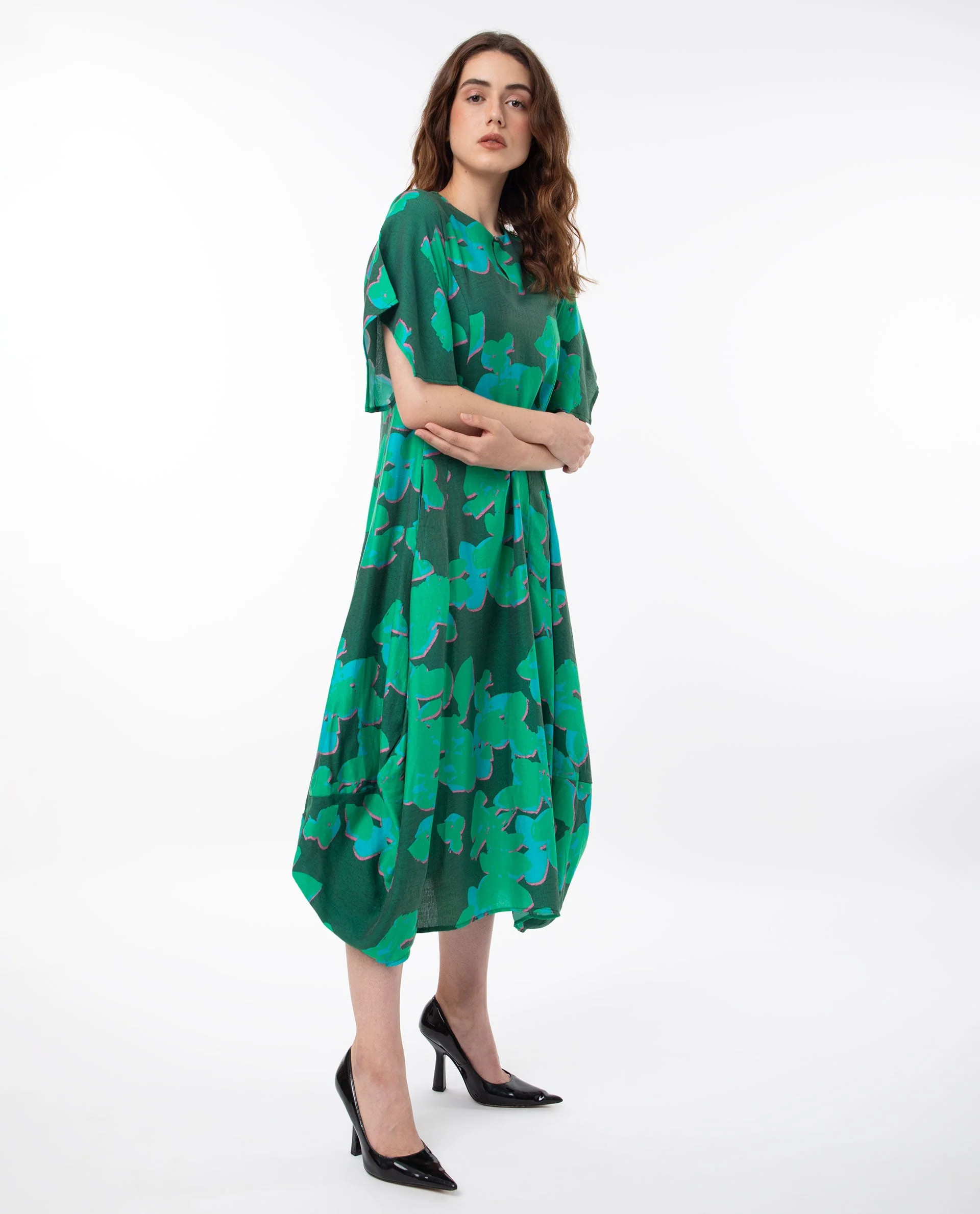 Rareism Women's Kanda Green Polyester Blend Crew Neck Abstract Print Bell Sleeve Midi Regular Fit Dress - Image 11