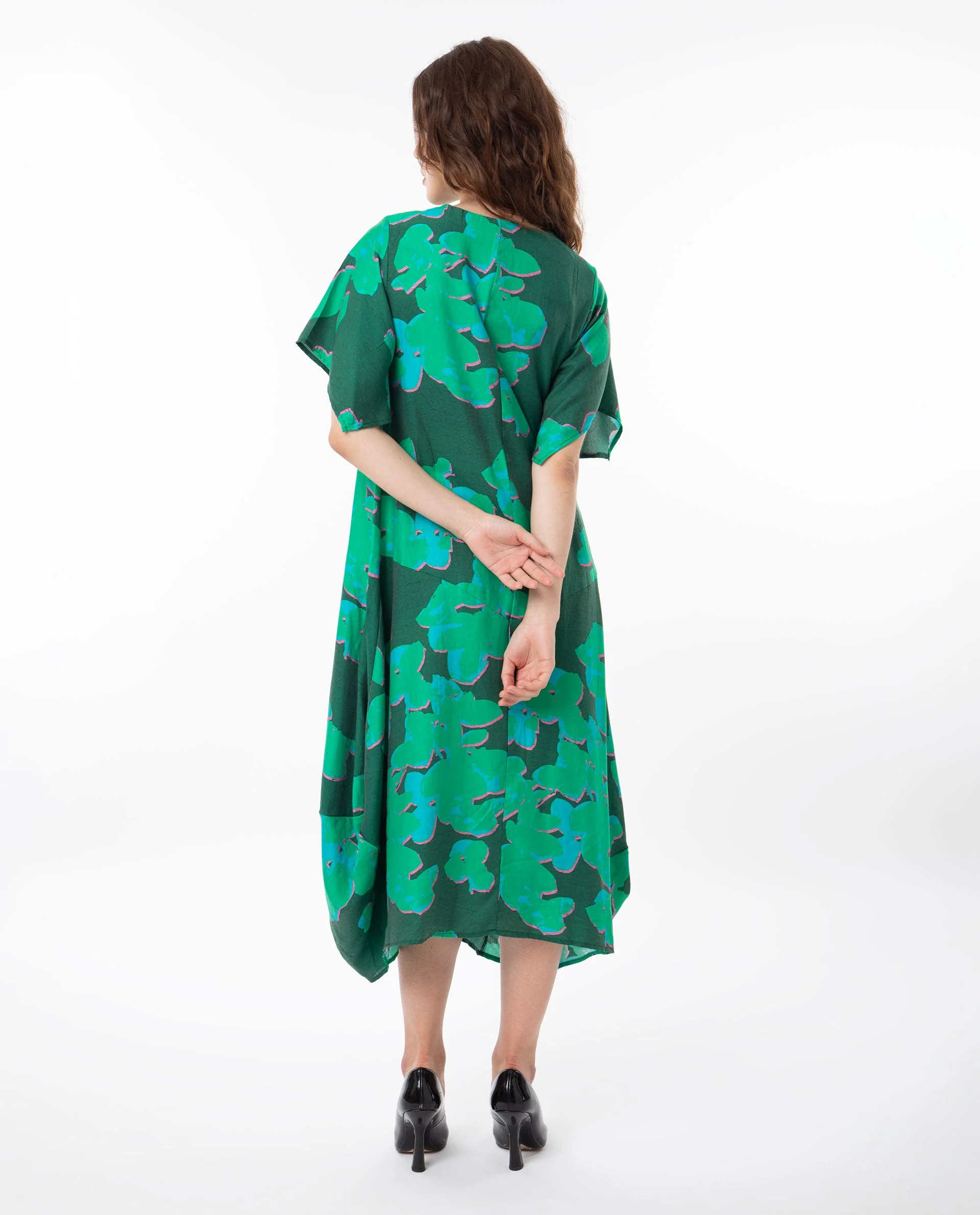 Rareism Women's Kanda Green Polyester Blend Crew Neck Abstract Print Bell Sleeve Midi Regular Fit Dress - Image 13