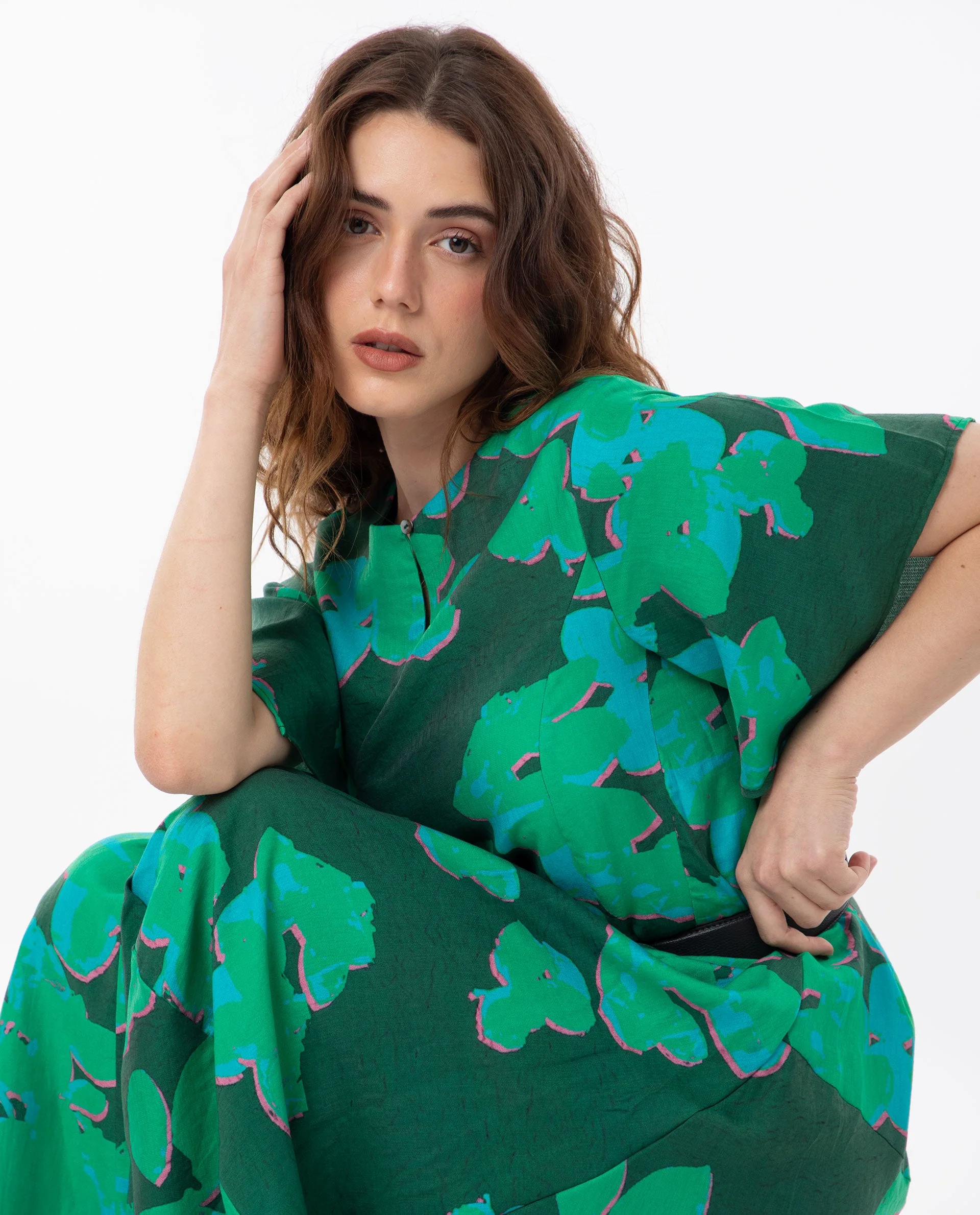Rareism Women's Kanda Green Polyester Blend Crew Neck Abstract Print Bell Sleeve Midi Regular Fit Dress - Image 2