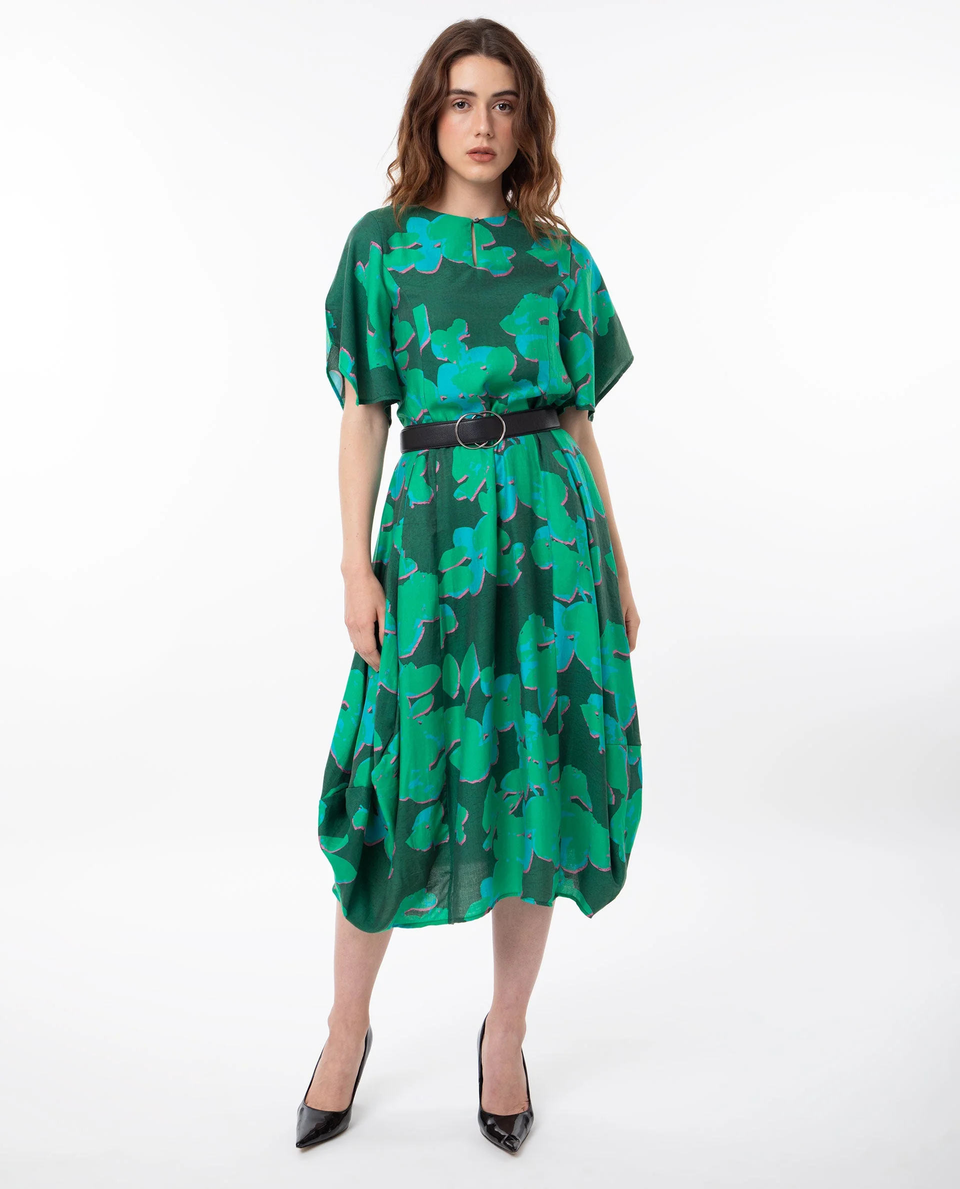 Rareism Women's Kanda Green Polyester Blend Crew Neck Abstract Print Bell Sleeve Midi Regular Fit Dress - Image 3