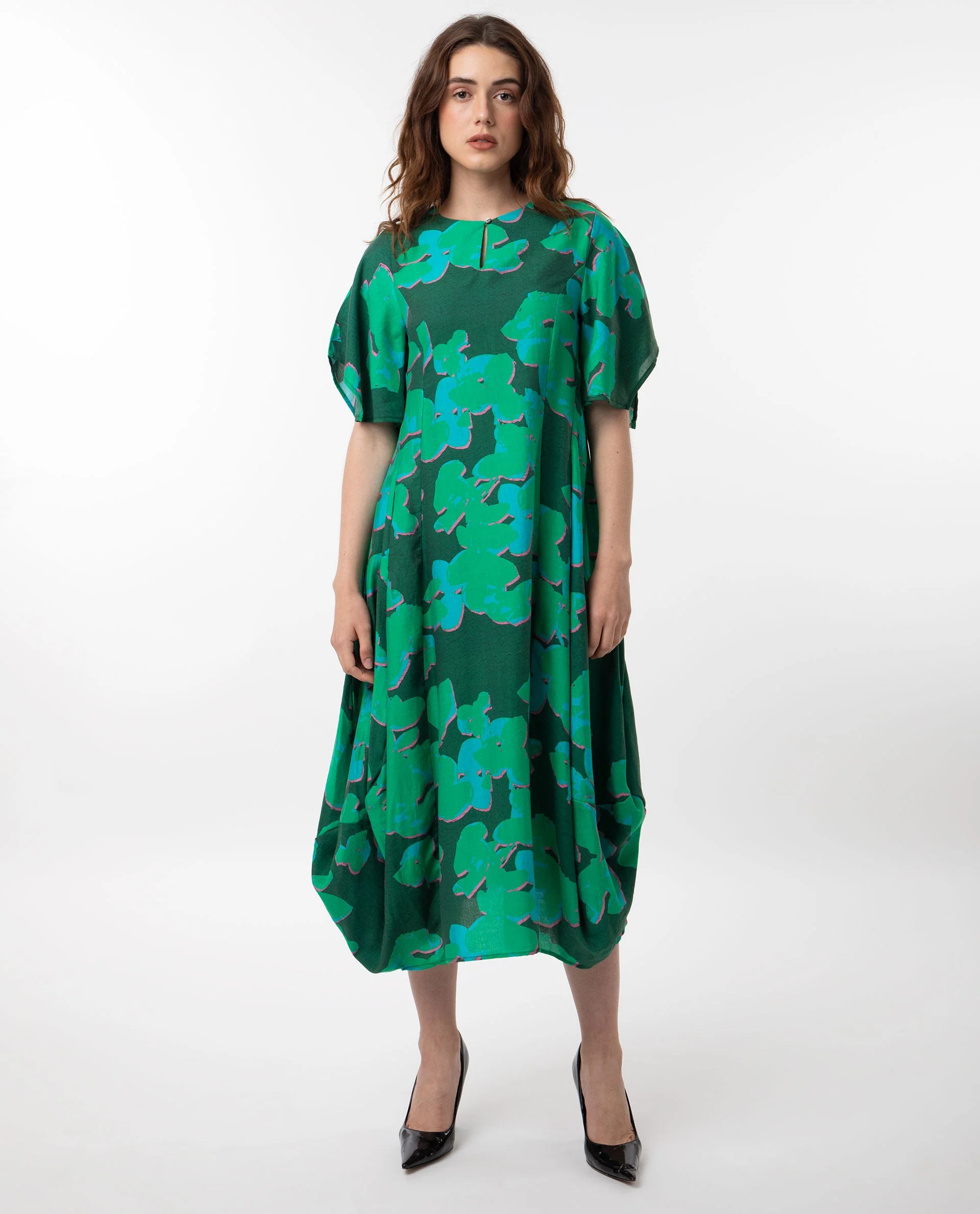 Rareism Women's Kanda Green Polyester Blend Crew Neck Abstract Print Bell Sleeve Midi Regular Fit Dress - Image 4