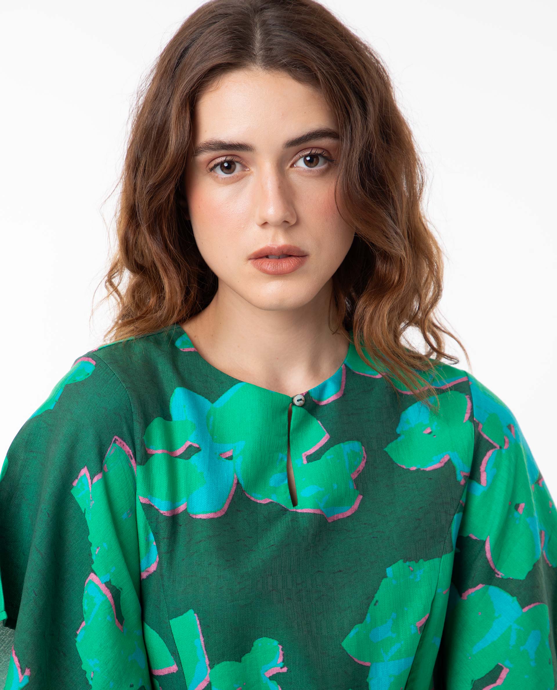 Rareism Women's Kanda Green Polyester Blend Crew Neck Abstract Print Bell Sleeve Midi Regular Fit Dress - Image 5