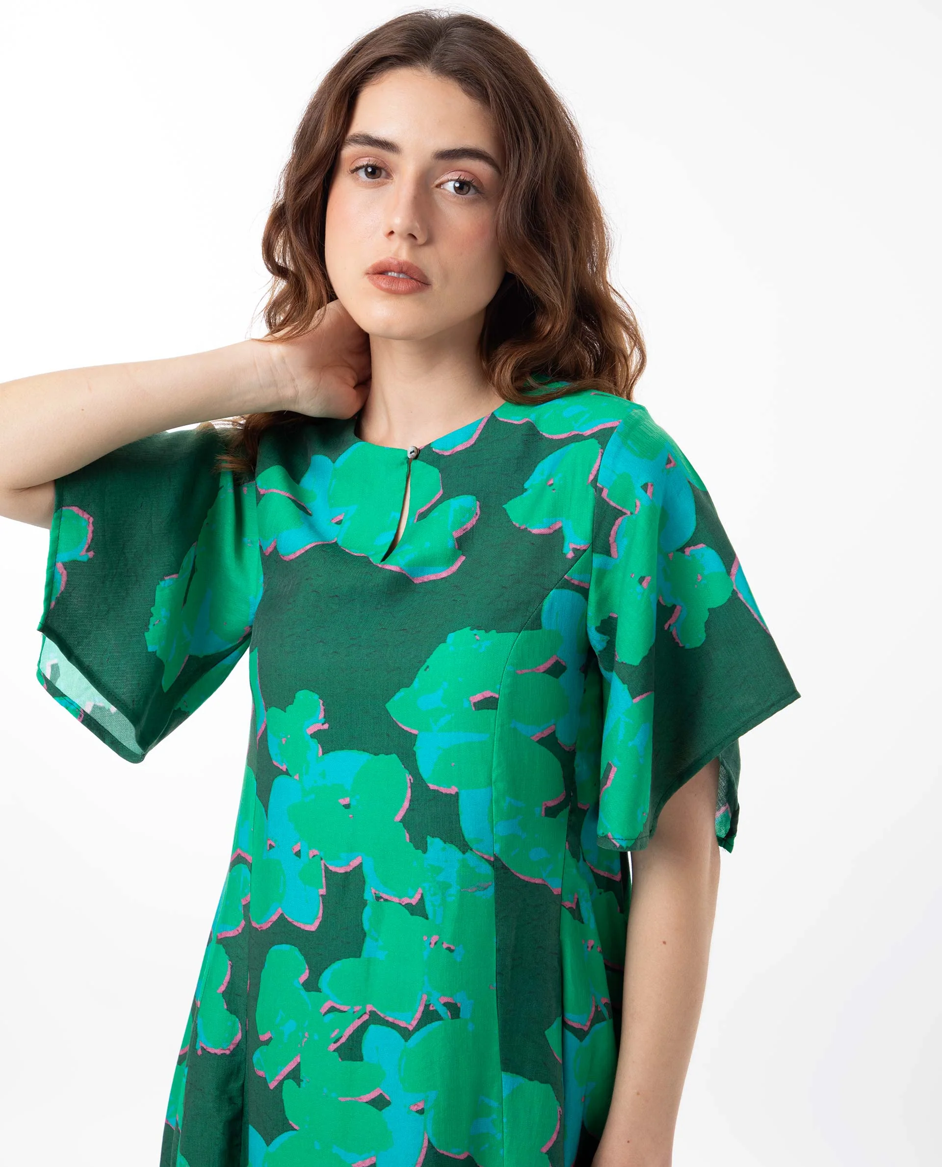 Rareism Women's Kanda Green Polyester Blend Crew Neck Abstract Print Bell Sleeve Midi Regular Fit Dress - Image 6