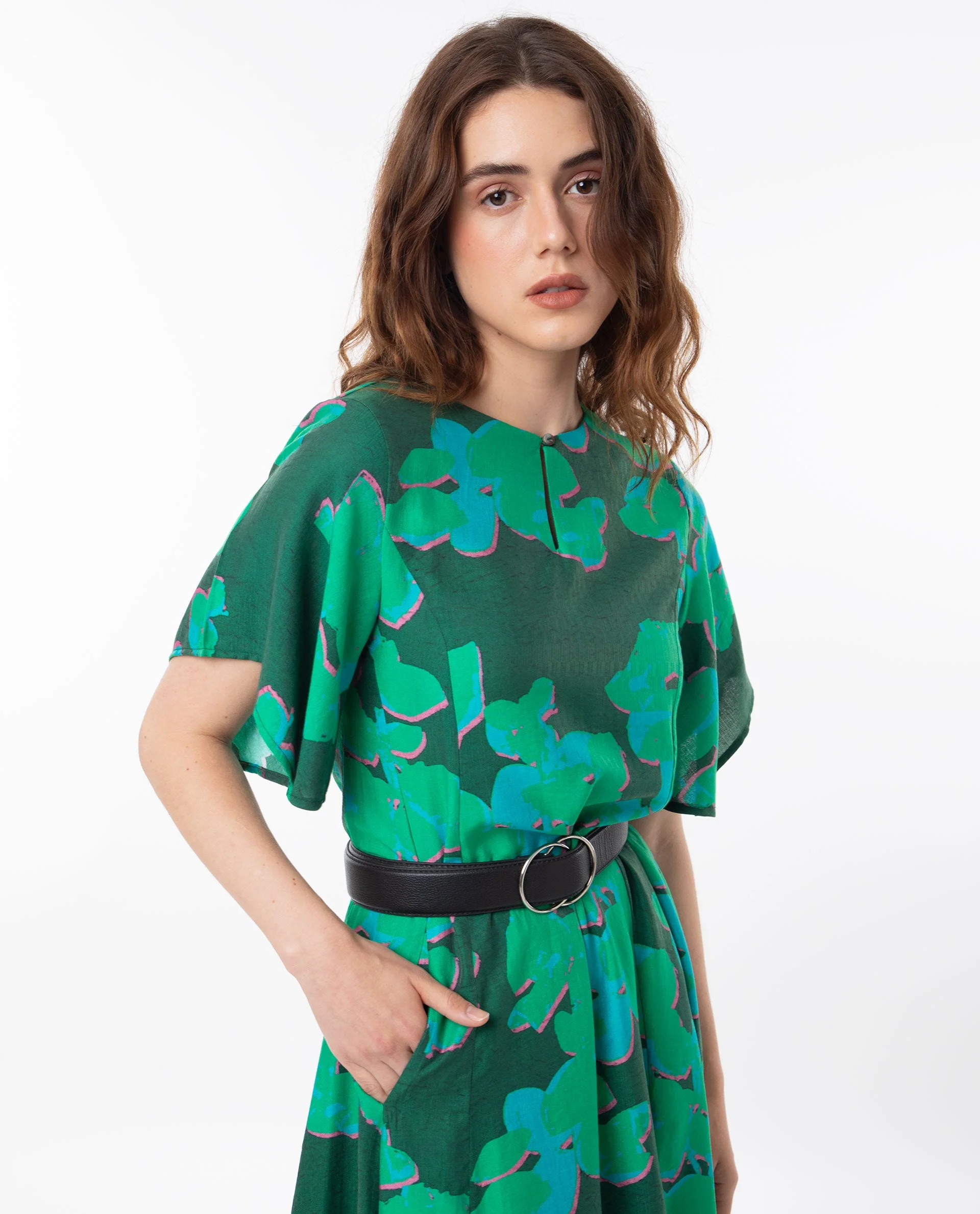 Rareism Women's Kanda Green Polyester Blend Crew Neck Abstract Print Bell Sleeve Midi Regular Fit Dress - Image 7