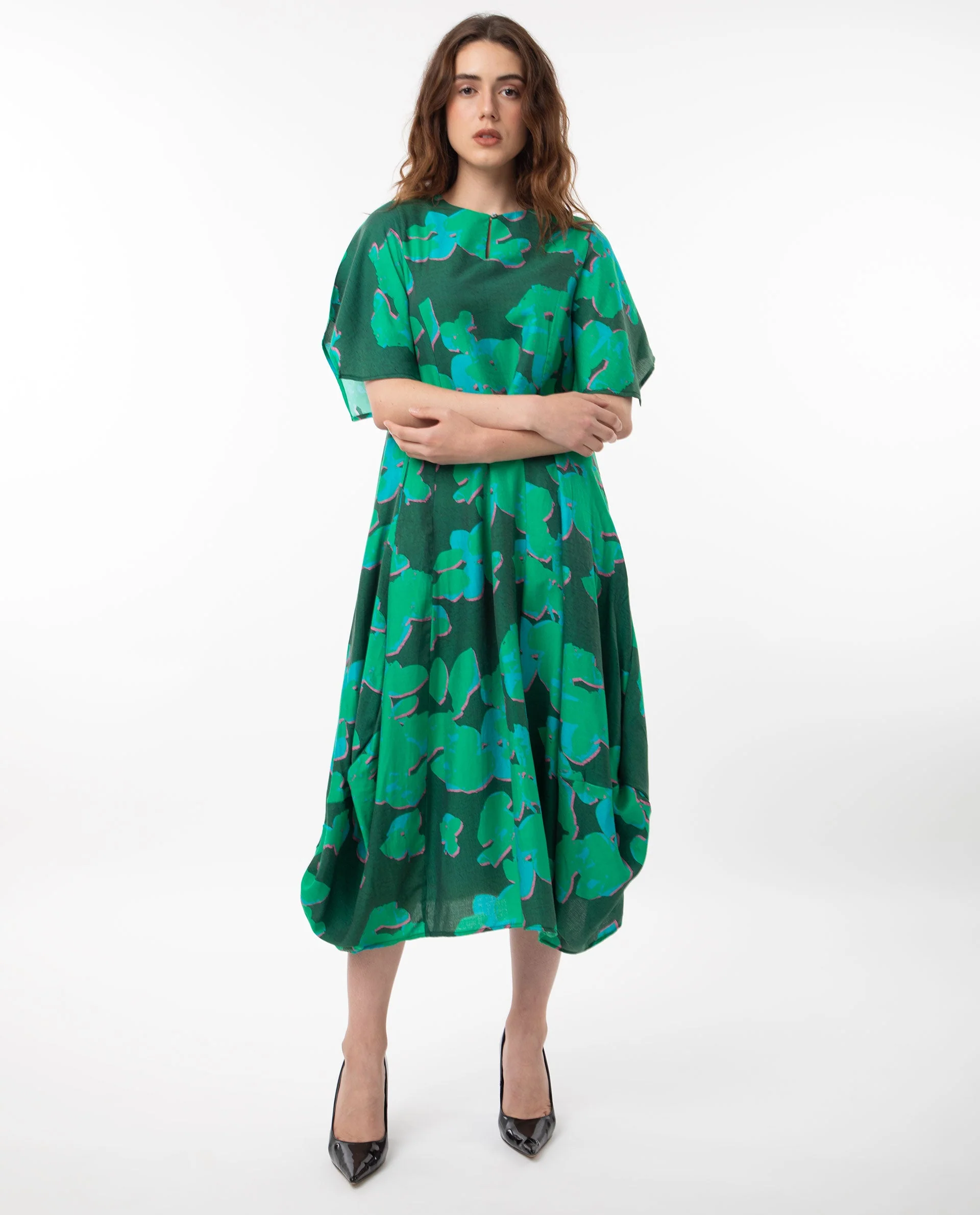 Rareism Women's Kanda Green Polyester Blend Crew Neck Abstract Print Bell Sleeve Midi Regular Fit Dress - Image 8