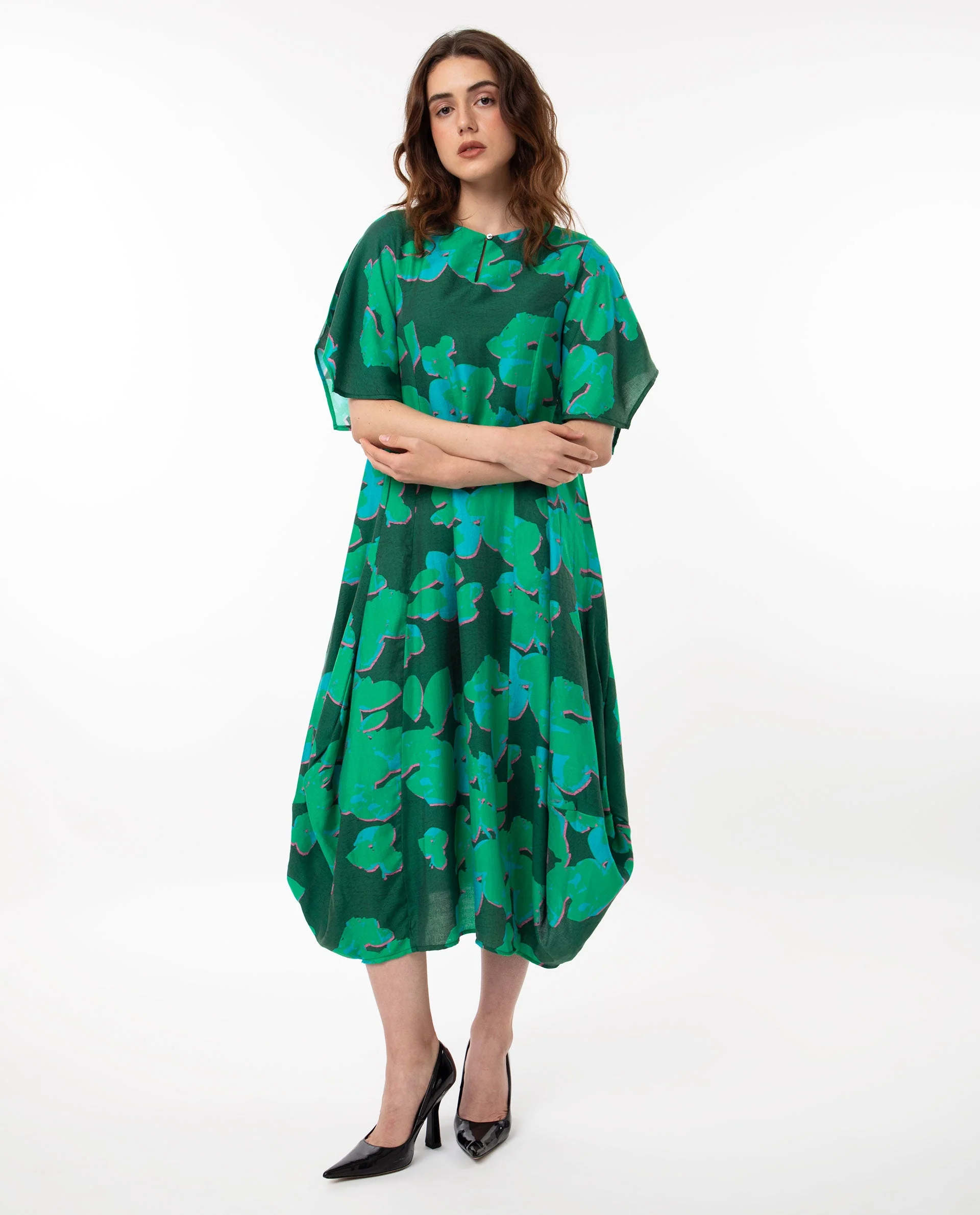 Rareism Women's Kanda Green Polyester Blend Crew Neck Abstract Print Bell Sleeve Midi Regular Fit Dress - Image 9