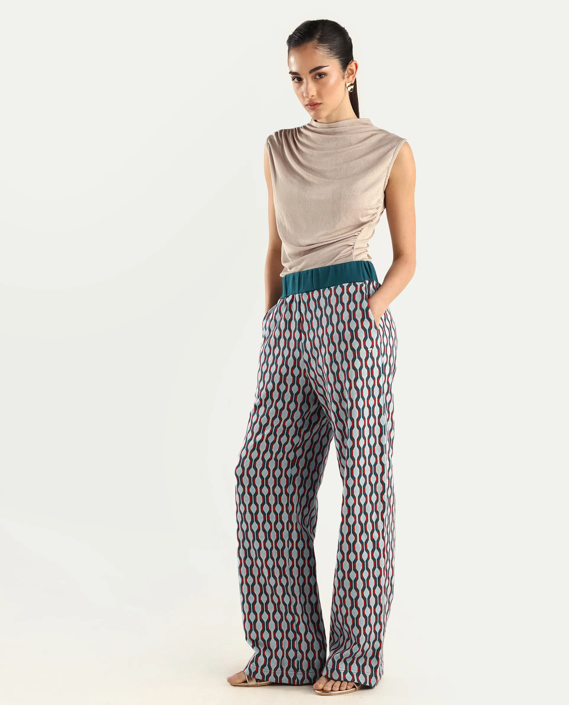 Rareism Women's Kane Multi Cotton Blend Geometric Print Ankle Length Straight Fit Track Pant - Image 6