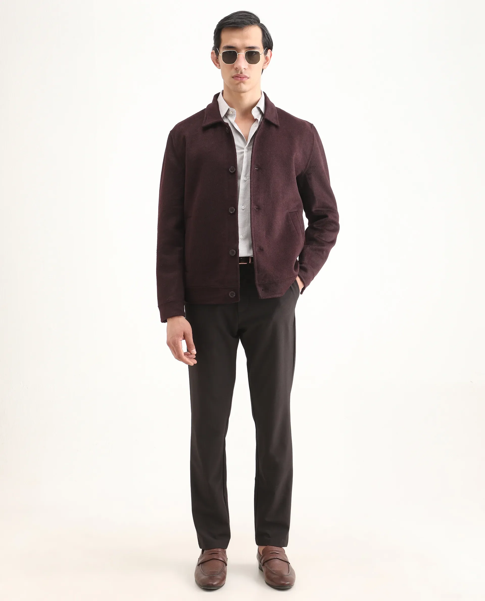 Rare Rabbit Men's Kanei Dark Maroon Polyester Blend Fabric Collared Neck Regular Plain Jacket - Image 2