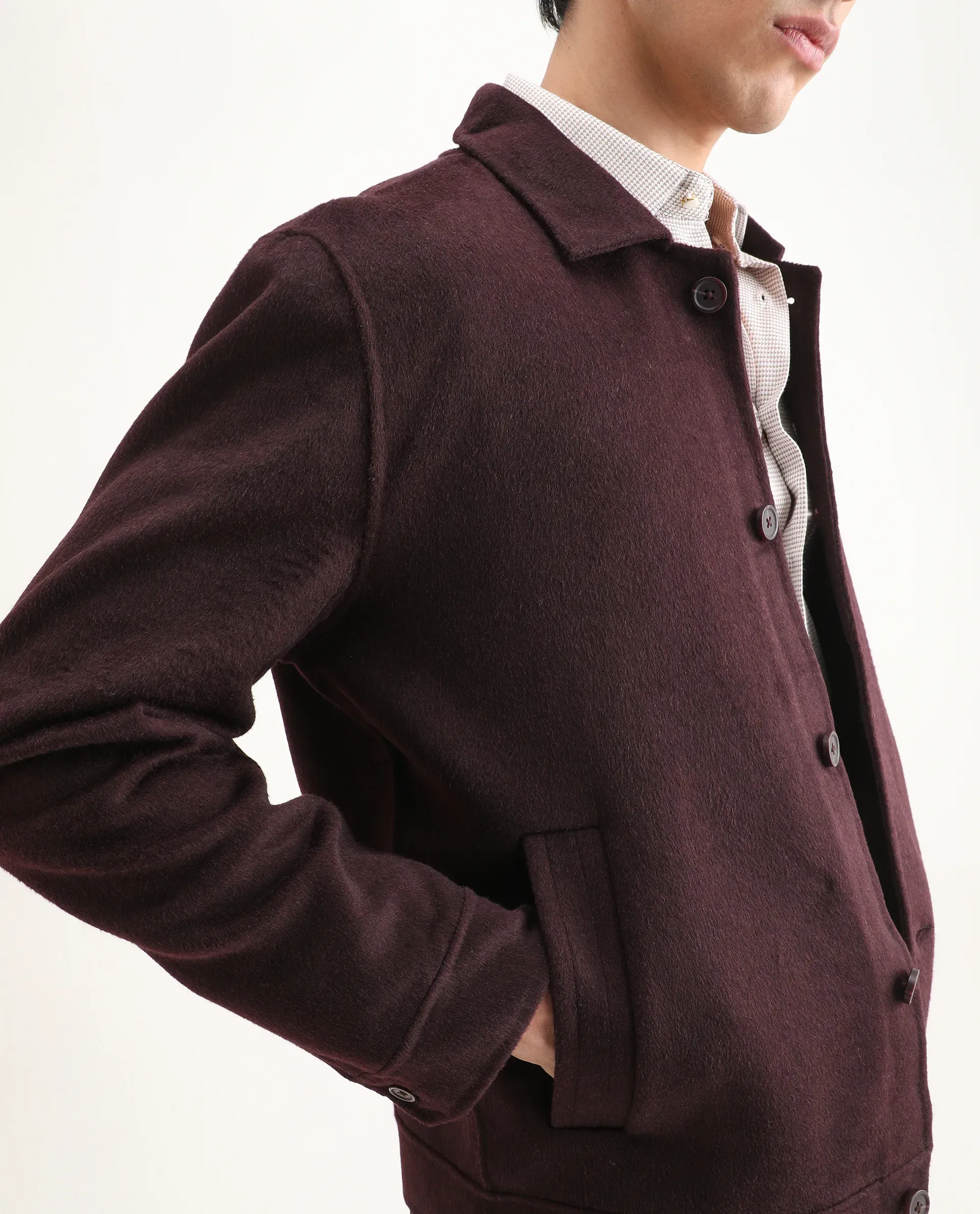 Rare Rabbit Men's Kanei Dark Maroon Polyester Blend Fabric Collared Neck Regular Plain Jacket - Image 3