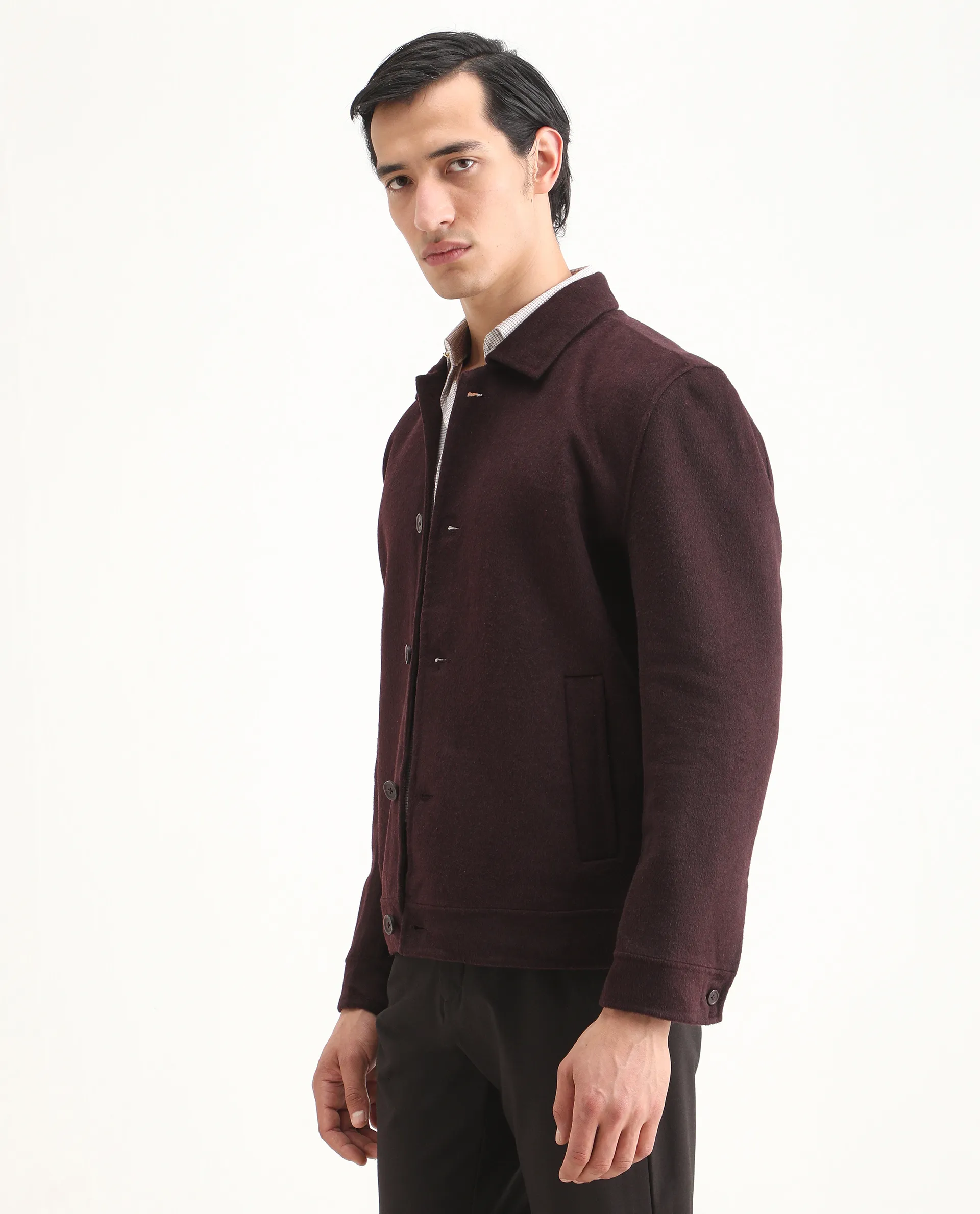 Rare Rabbit Men's Kanei Dark Maroon Polyester Blend Fabric Collared Neck Regular Plain Jacket - Image 4