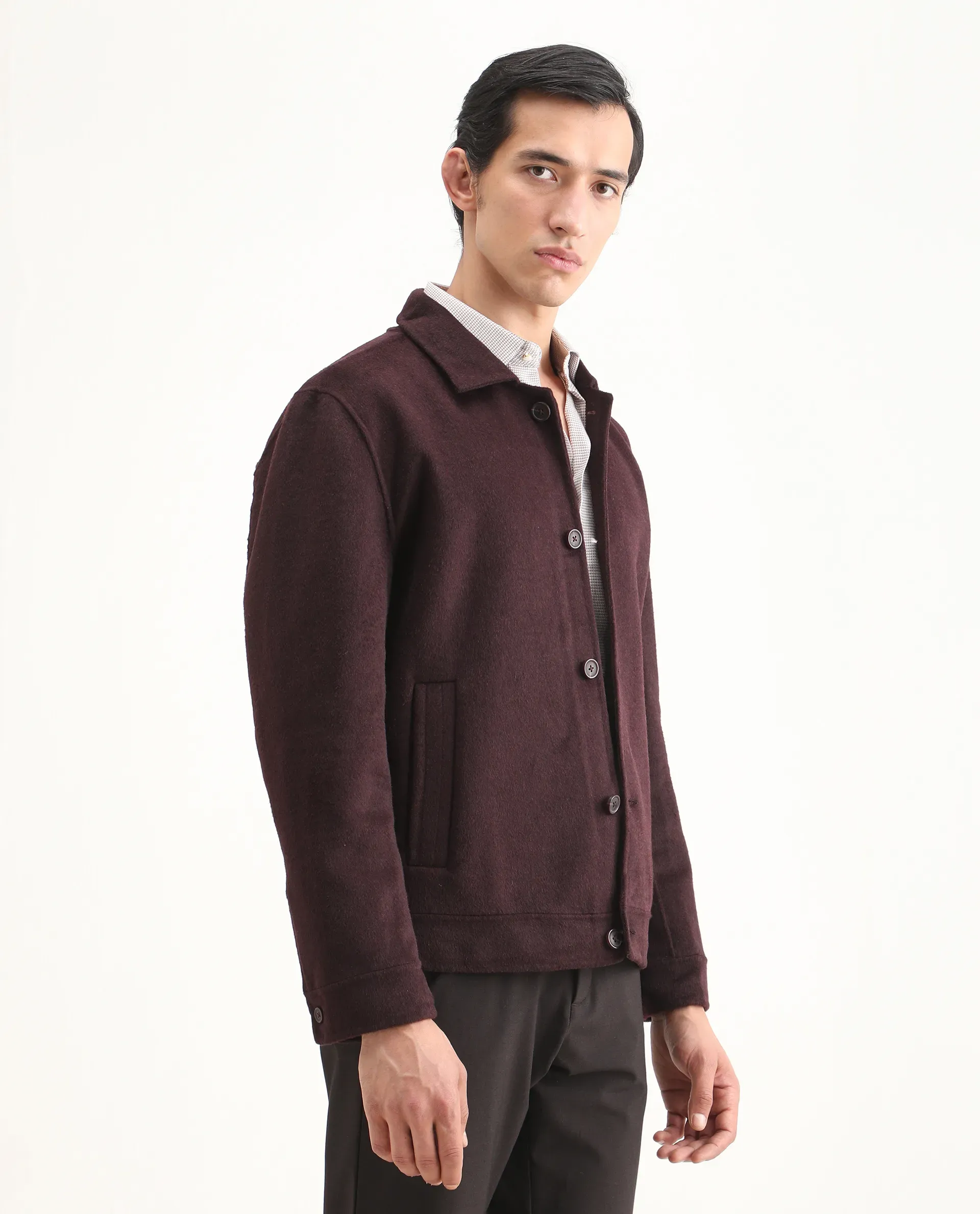 Rare Rabbit Men's Kanei Dark Maroon Polyester Blend Fabric Collared Neck Regular Plain Jacket - Image 5