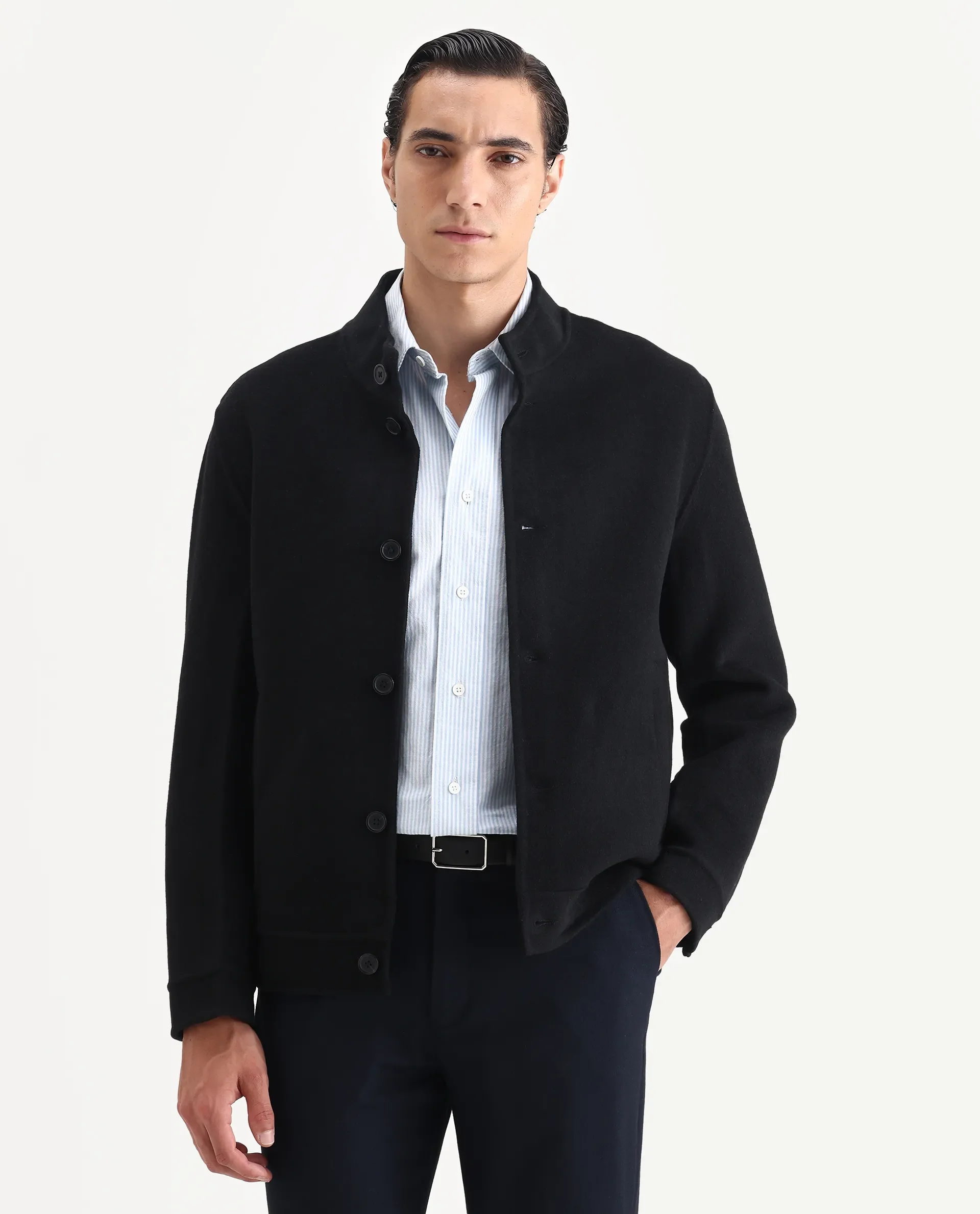 Rare Rabbit Men's Kaneo Black Polyester Blend Fabric High Neck Regular Plain Jacket - Image 2