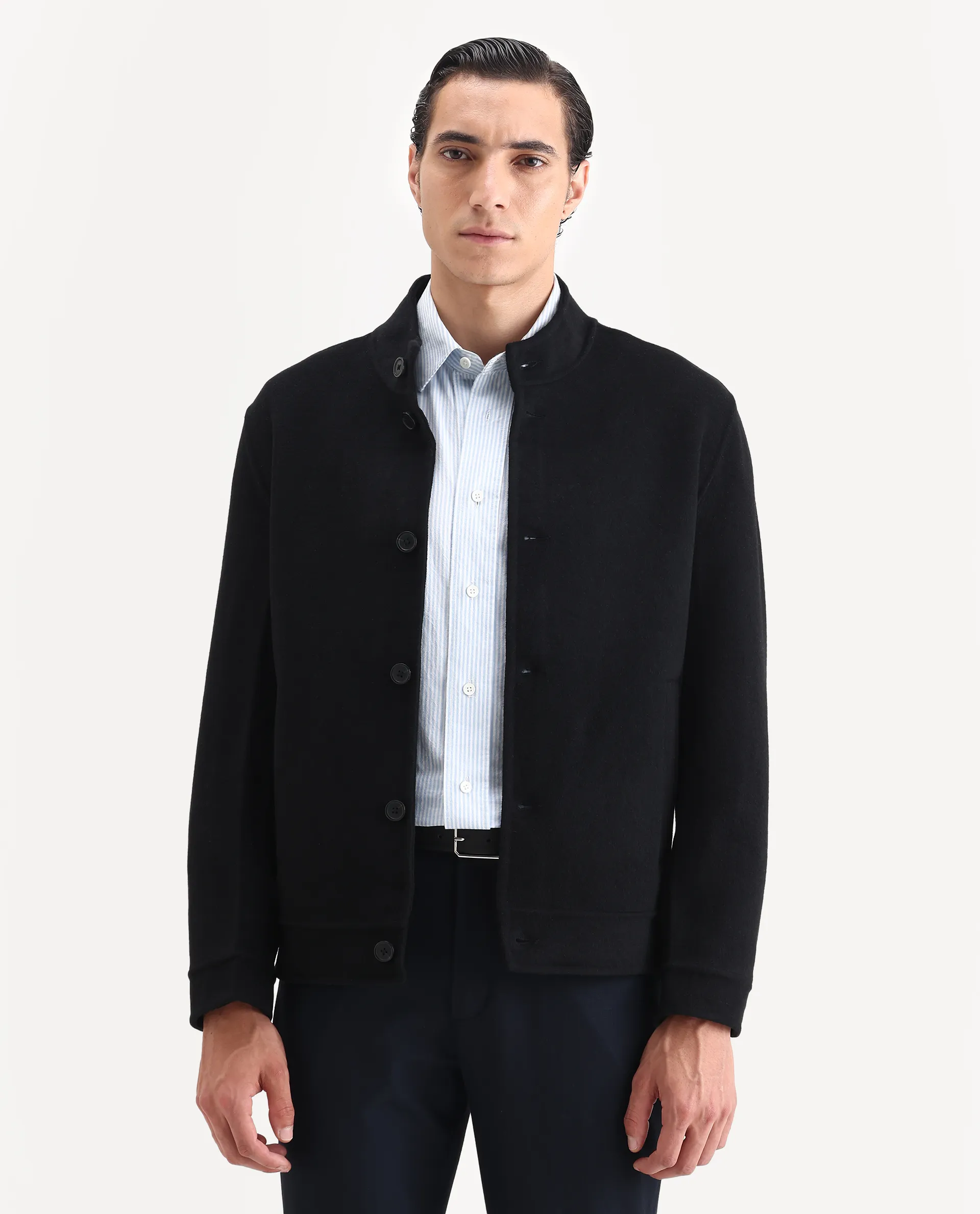 Rare Rabbit Men's Kaneo Black Polyester Blend Fabric High Neck Regular Plain Jacket - Image 4
