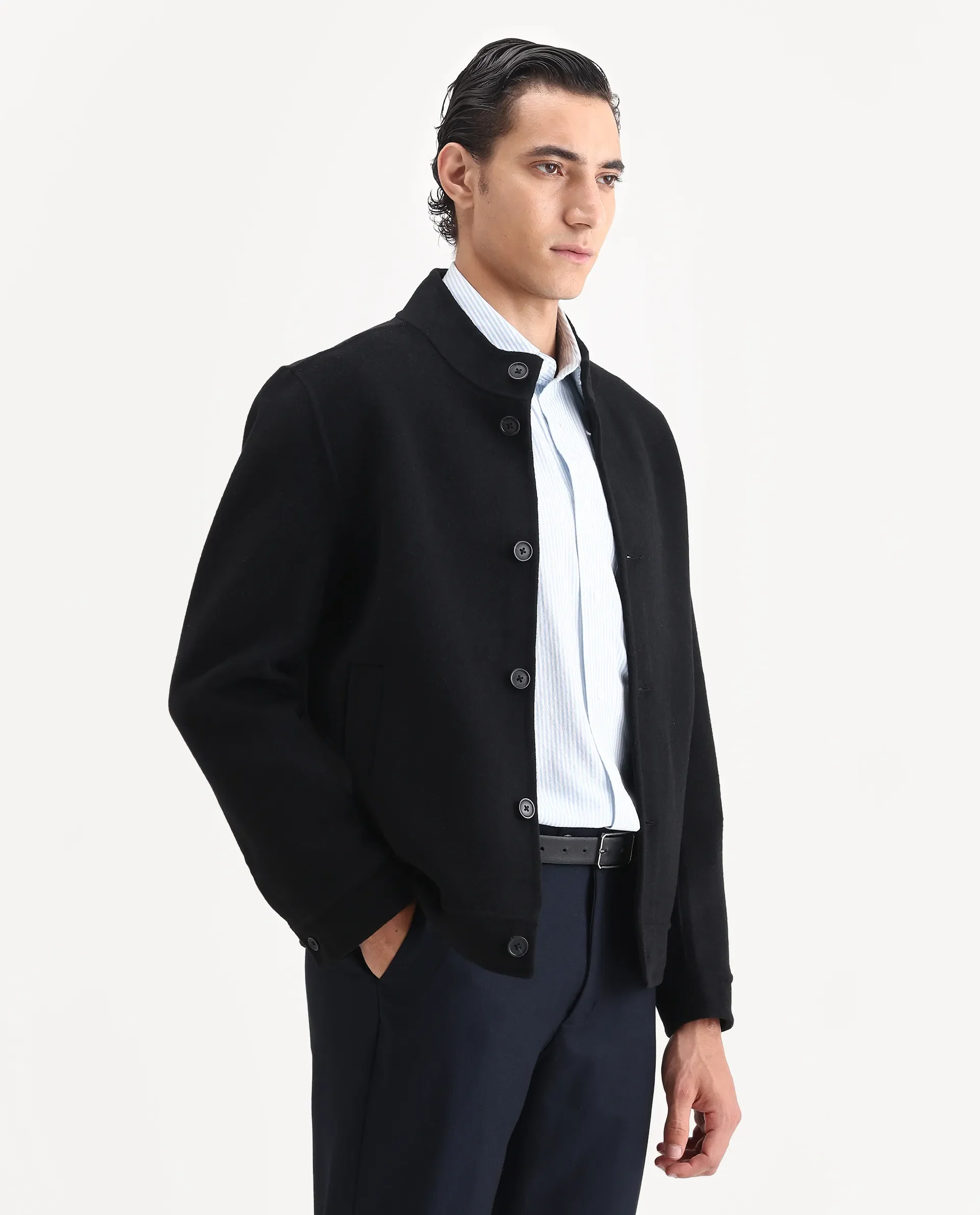 Rare Rabbit Men's Kaneo Black Polyester Blend Fabric High Neck Regular Plain Jacket - Image 6