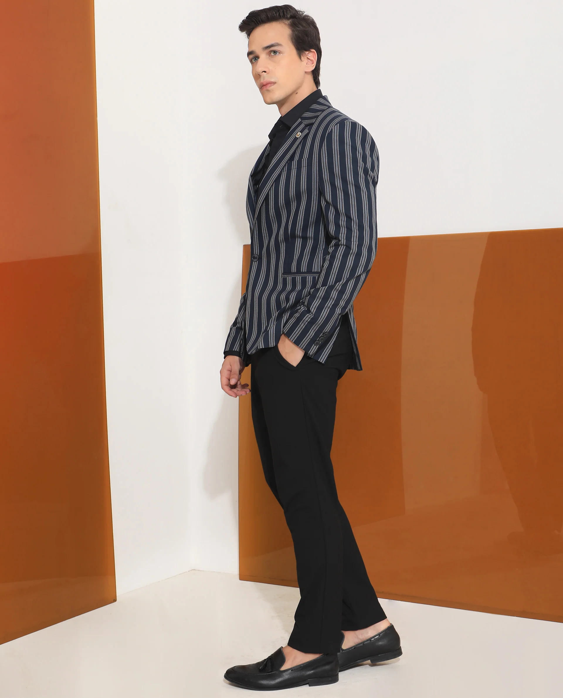Rare Rabbit Men's Kano Navy Cotton Striped Print Tailored Fit Full Sleeve Lapel Neck Blazer - Image 2
