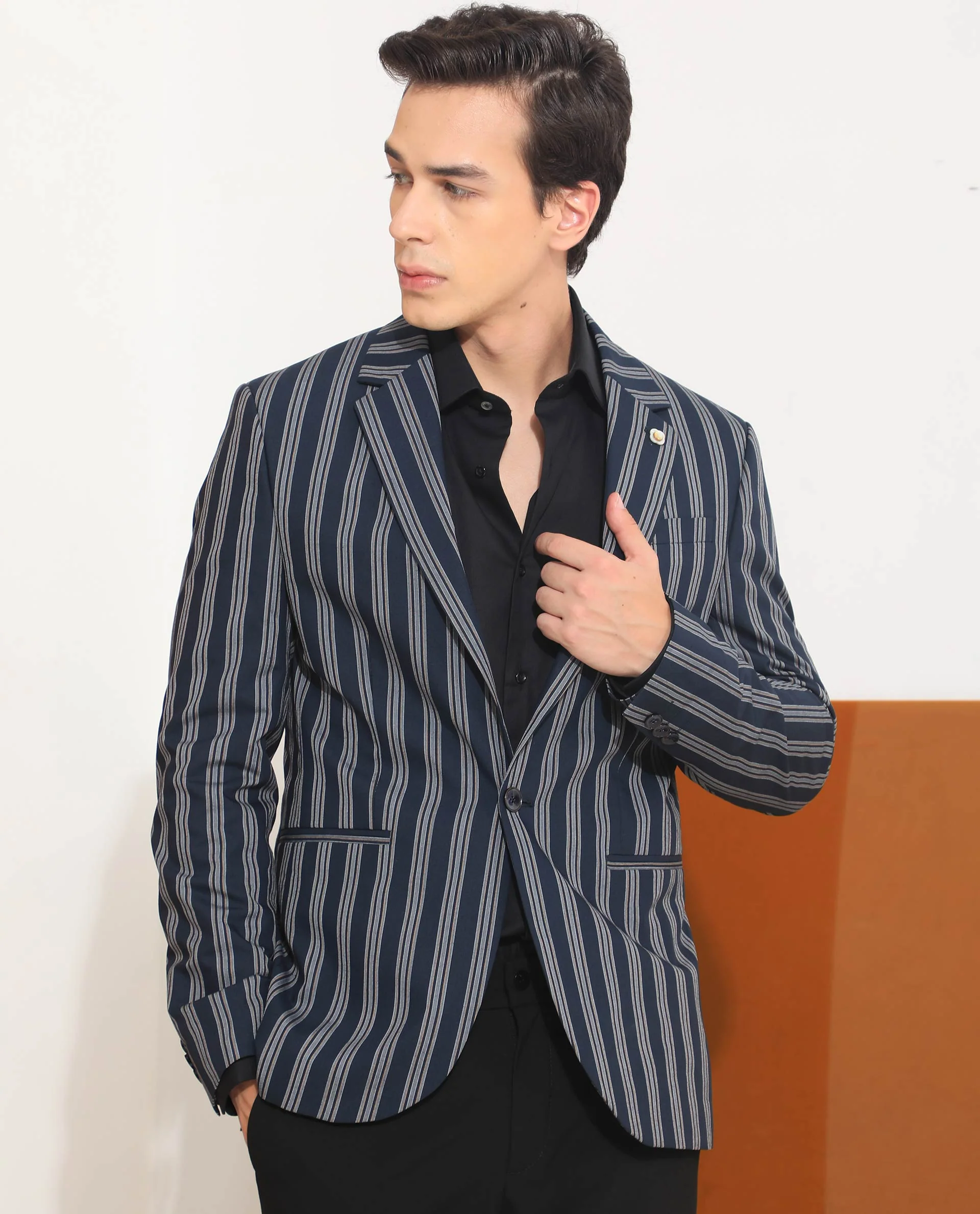 Rare Rabbit Men's Kano Navy Cotton Striped Print Tailored Fit Full Sleeve Lapel Neck Blazer - Image 3