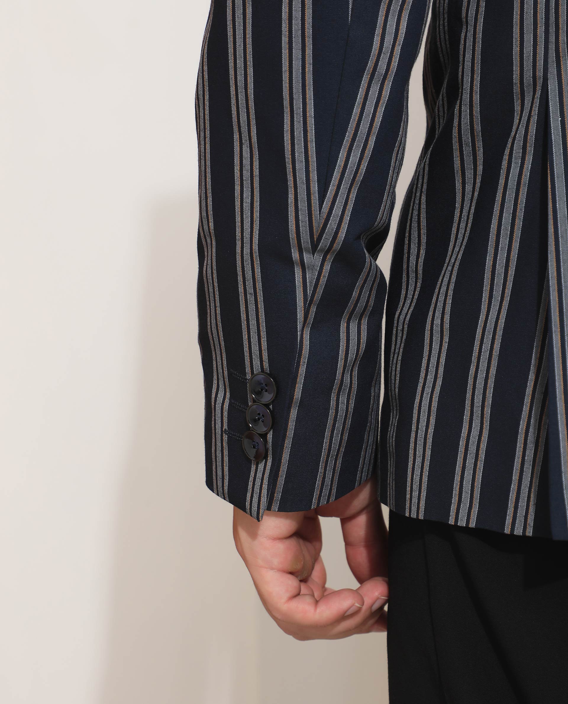 Rare Rabbit Men's Kano Navy Cotton Striped Print Tailored Fit Full Sleeve Lapel Neck Blazer - Image 4