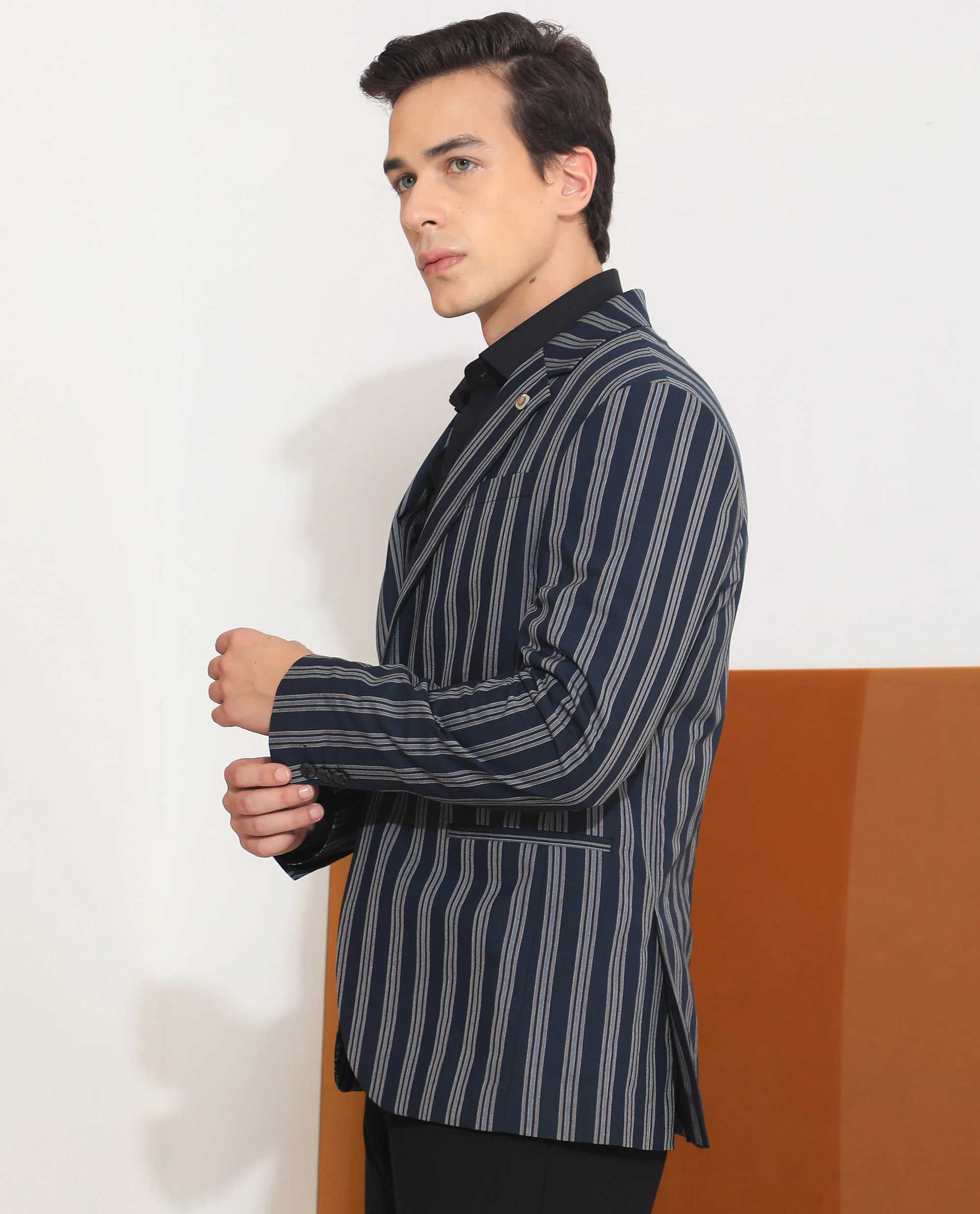 Rare Rabbit Men's Kano Navy Cotton Striped Print Tailored Fit Full Sleeve Lapel Neck Blazer - Image 5