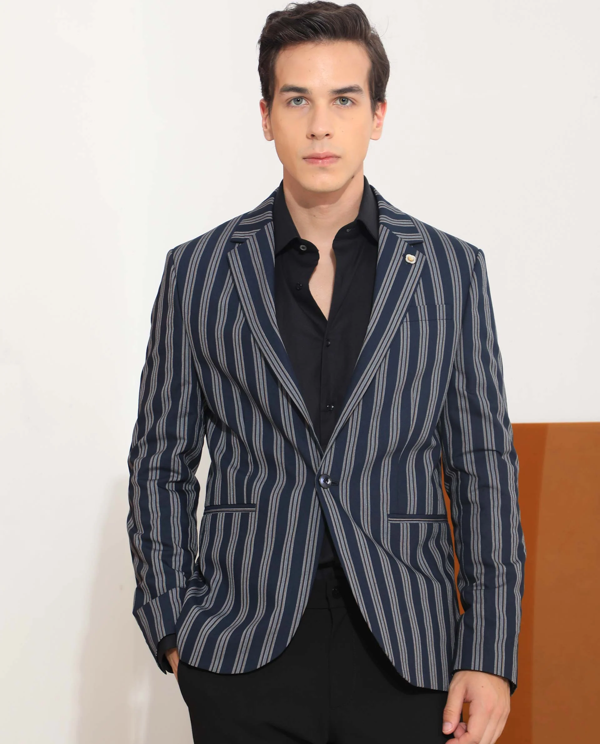 Rare Rabbit Men's Kano Navy Cotton Striped Print Tailored Fit Full Sleeve Lapel Neck Blazer - Image 6