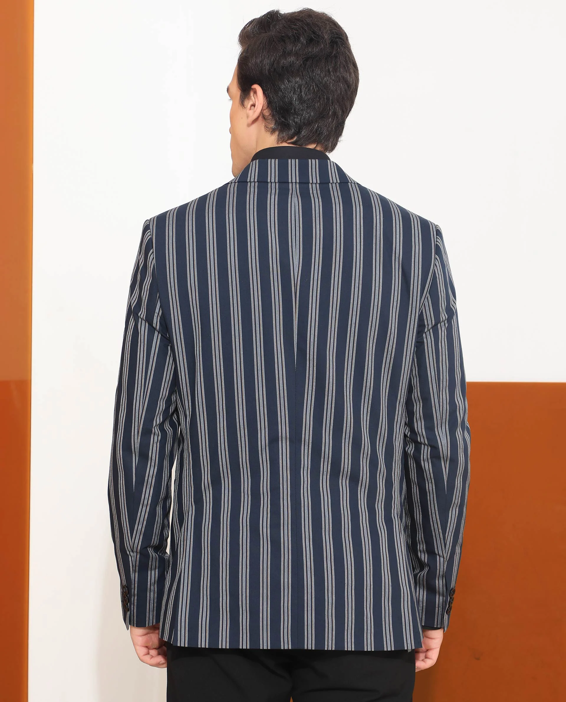 Rare Rabbit Men's Kano Navy Cotton Striped Print Tailored Fit Full Sleeve Lapel Neck Blazer - Image 7