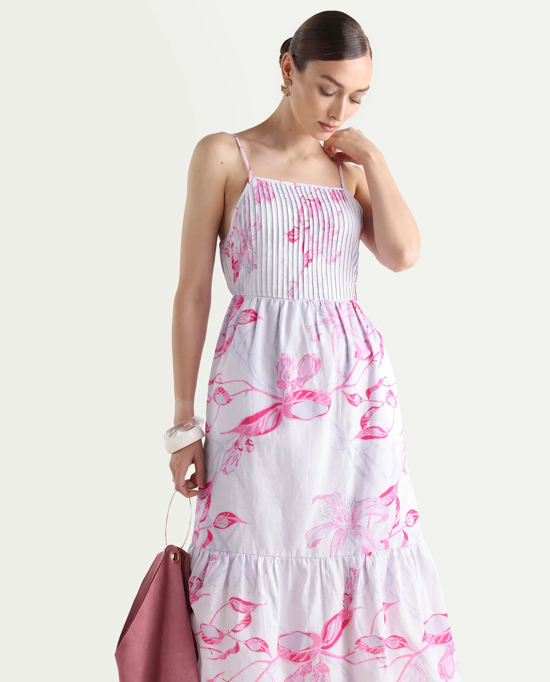 Rareism Women's Kanora Dusky Purple Cotton Blend Shoulder Strap Floral Print Sleeveless Midi Fit And Flare Dress - Image 2