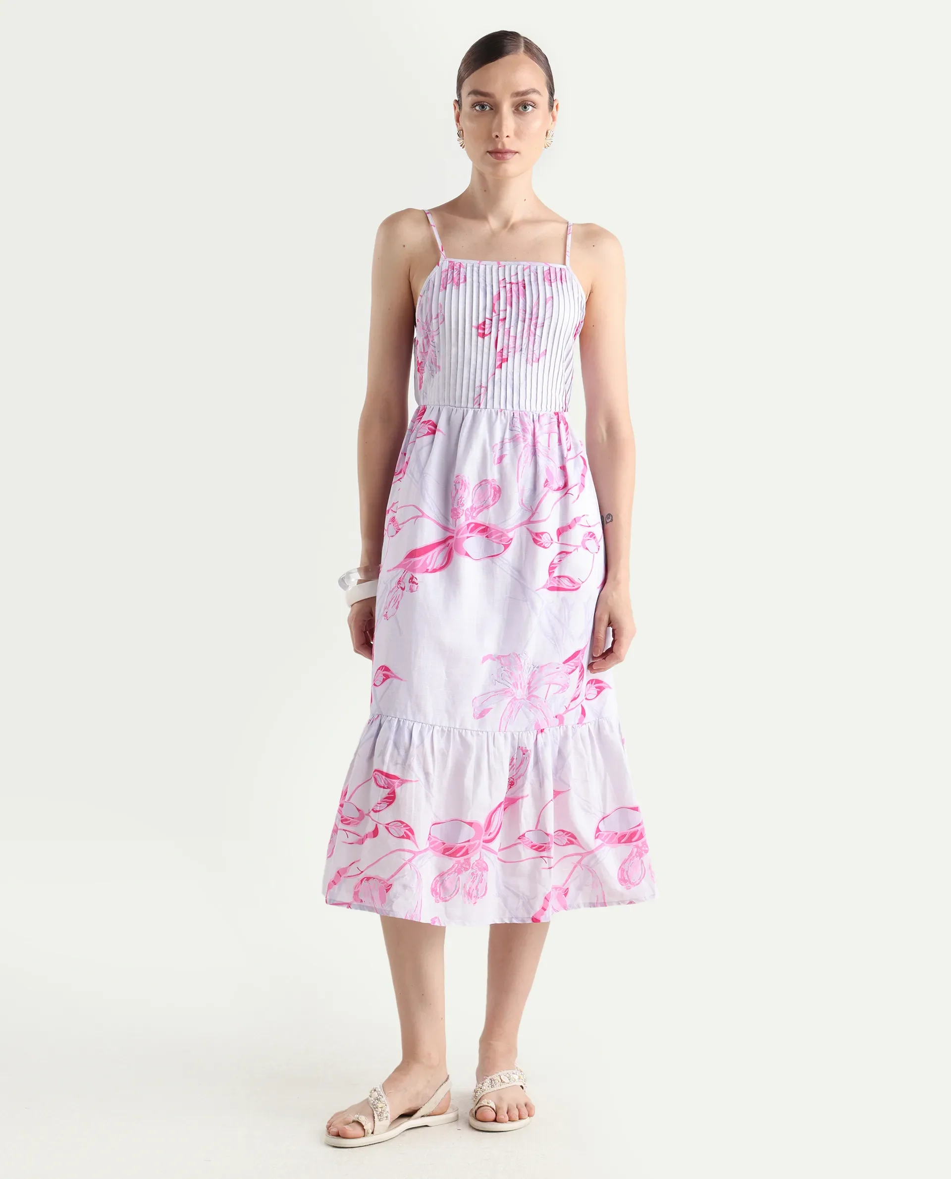 Rareism Women's Kanora Dusky Purple Cotton Blend Shoulder Strap Floral Print Sleeveless Midi Fit And Flare Dress - Image 3